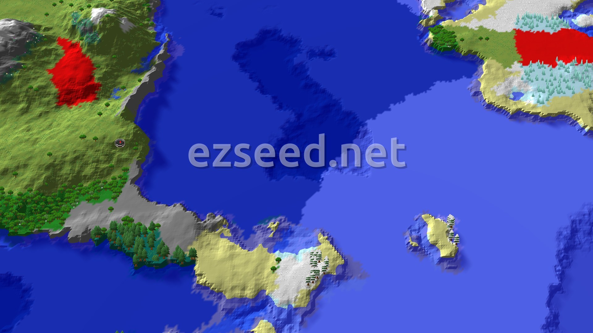 A 3D fly-over of a plains biome with scattered trees, leading into a forest and a large frozen ocean with icebergs, all under a clear sky.
