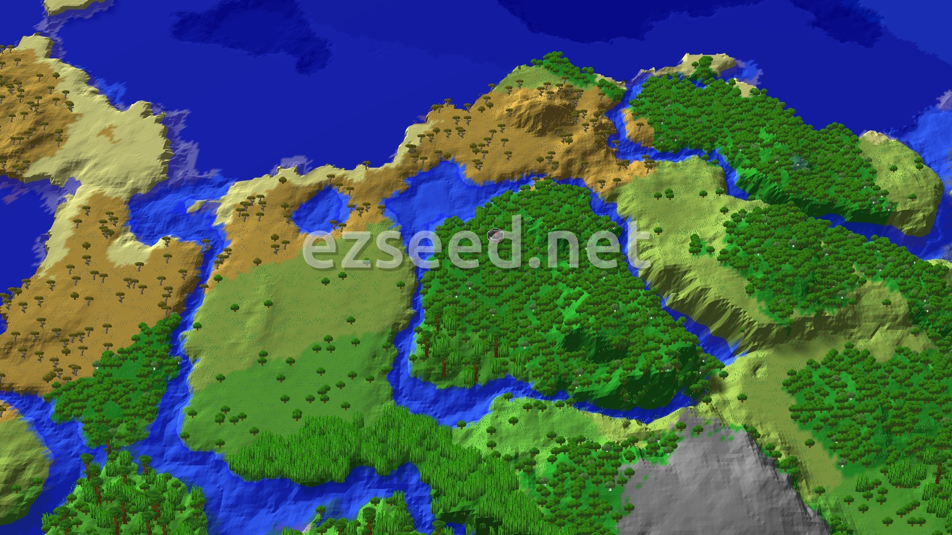 An overhead view of a diverse landscape featuring dense green forests, lighter green plains, tan savannas, and blue rivers and oceans. A small spawn marker is visible in a forest biome near the center.