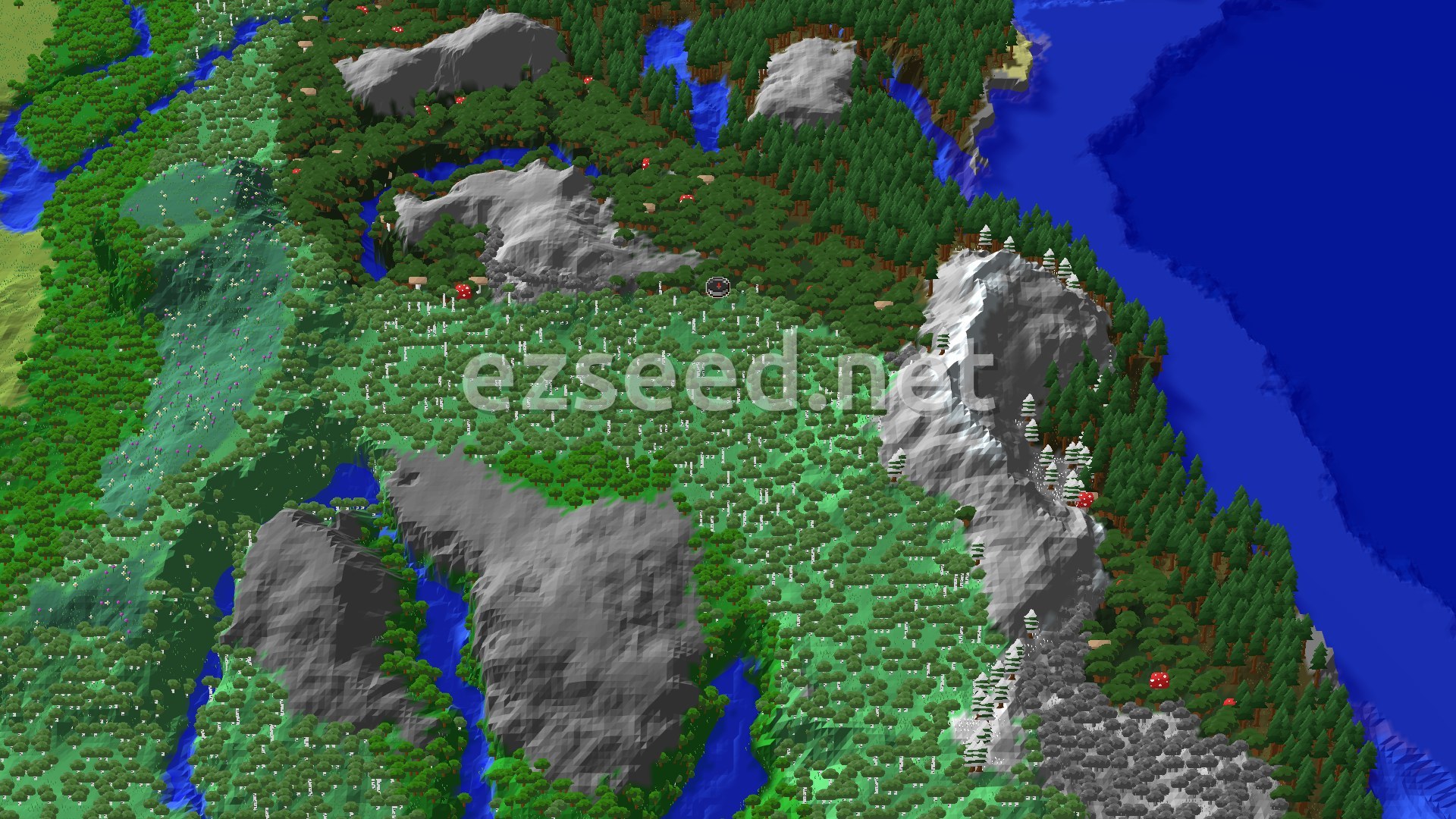 An aerial view shows a landscape of dense forests, some with birch trees and others with darker foliage, interspersed with grey mountains and winding blue rivers, leading to a large blue ocean on the right.