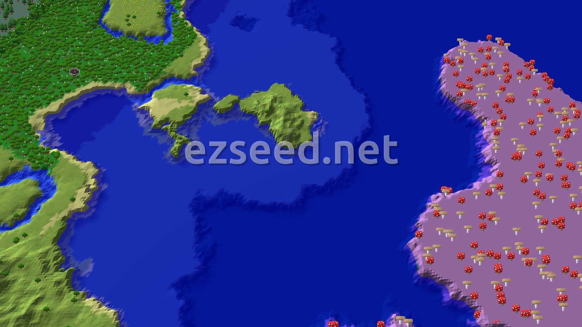 Aerial Minecraft seed map — Flower Forest Spawn with Nearby Mushroom Fields