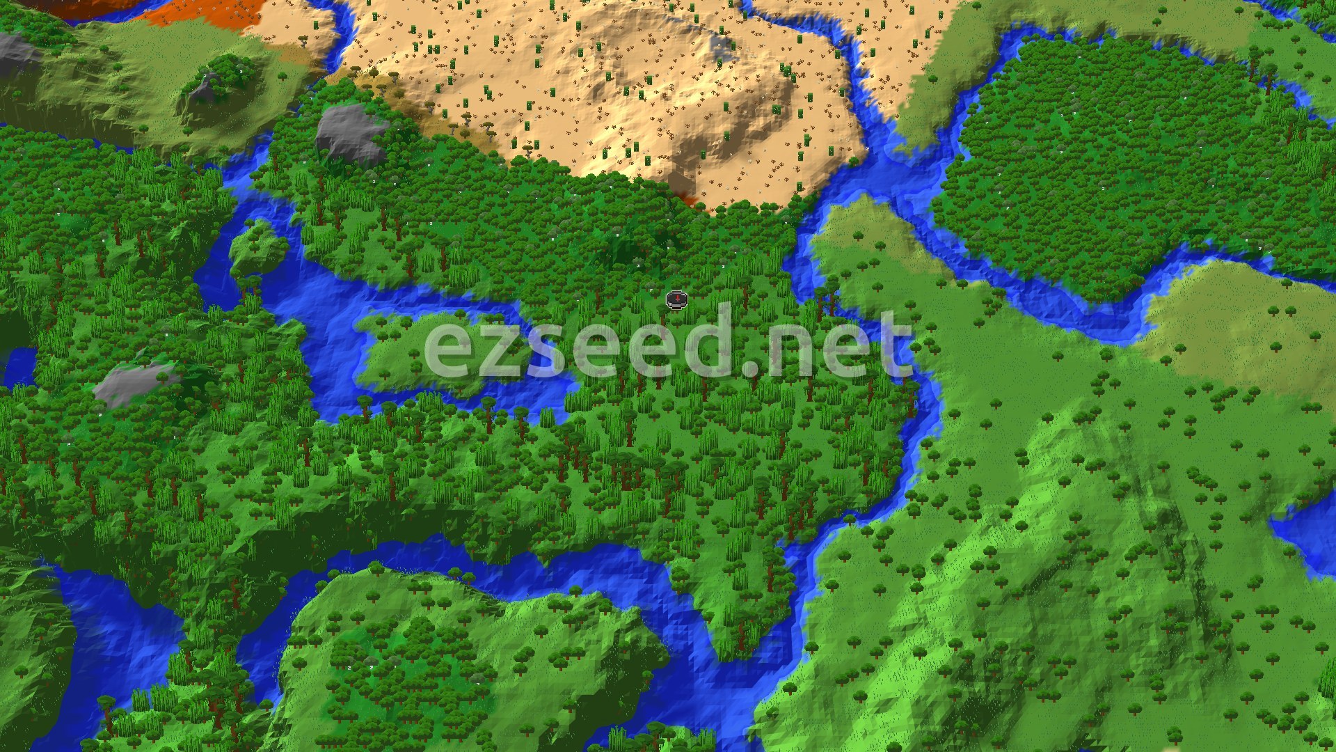 An aerial view of a vibrant jungle landscape with winding rivers and a sandy desert in the distance.