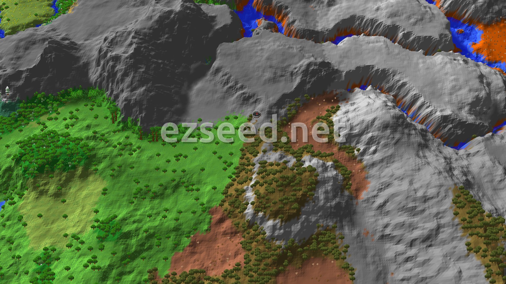 An aerial view of a Minecraft landscape, showing a mountainous, arid terrain with patches of green trees and some small bodies of water. A small marker indicates the spawn point in the center.