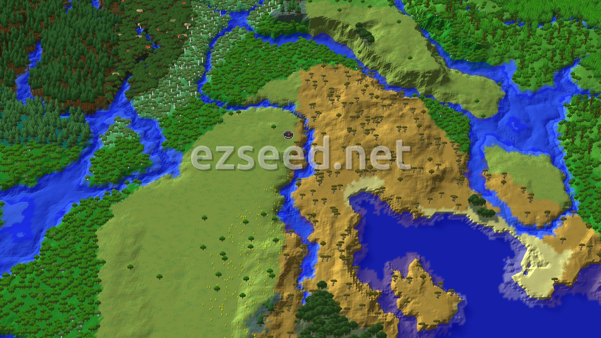An aerial view showing plains at the center, surrounded by rivers, a large savanna, and various forests.