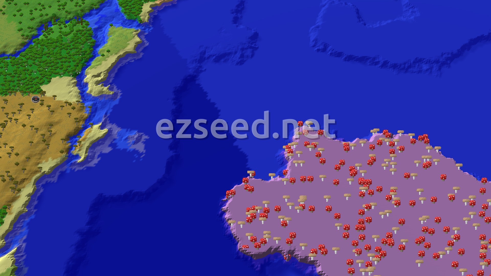 Aerial Minecraft seed map — Mushroom Fields Near Savanna Spawn