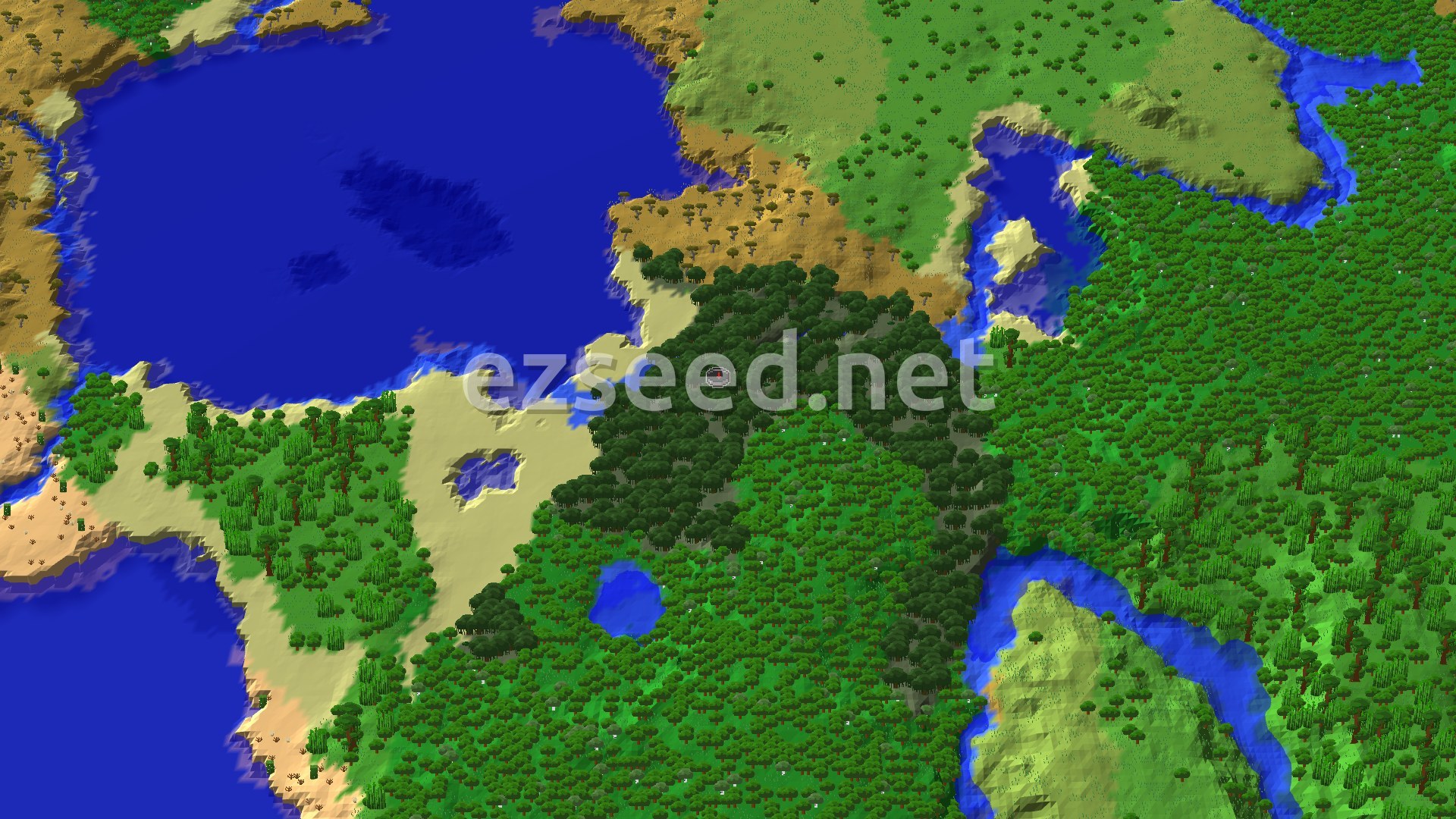 An aerial view of a Minecraft world, showing a dense green mangrove swamp at the center, surrounded by lighter green forests, some sandy beaches, and a large blue ocean. A river winds through the landscape.
