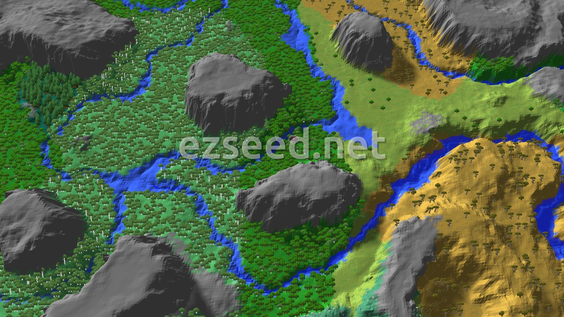 A 3D fly-over of a verdant forest landscape interspersed with rivers and grey mountains, fading into a tan savanna biome on the right.