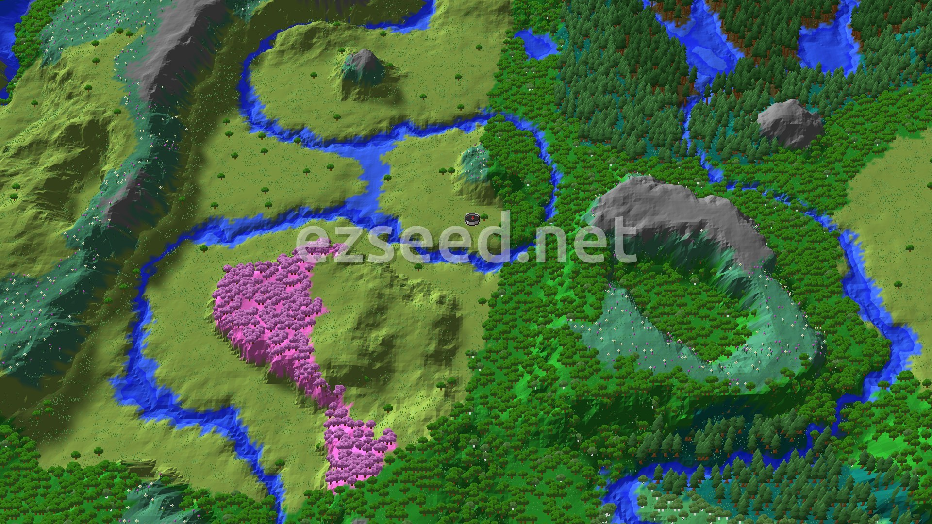 An overhead view showing a flat plains spawn surrounded by a winding river, dense forests, and a prominent pink-leafed cherry grove to the southwest.
