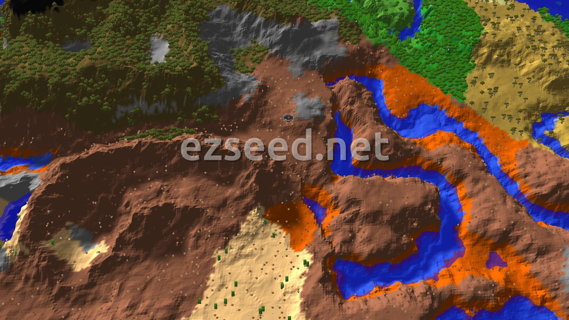 Aerial Minecraft seed map — Badlands Spawn with a Nearby Ancient City