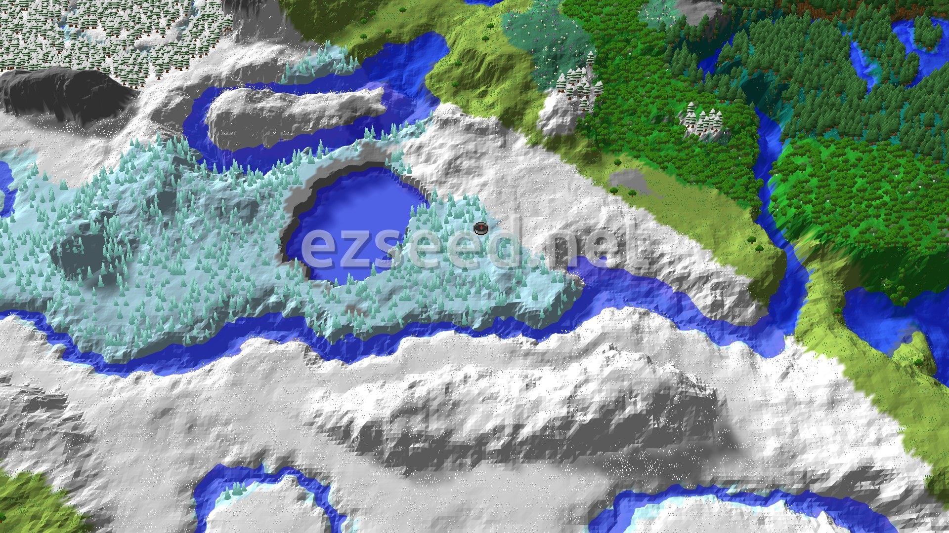 An aerial view of a snowy landscape with ice spikes, forests, rivers, and a frozen lake, with a spawn marker in the center of the ice spikes.