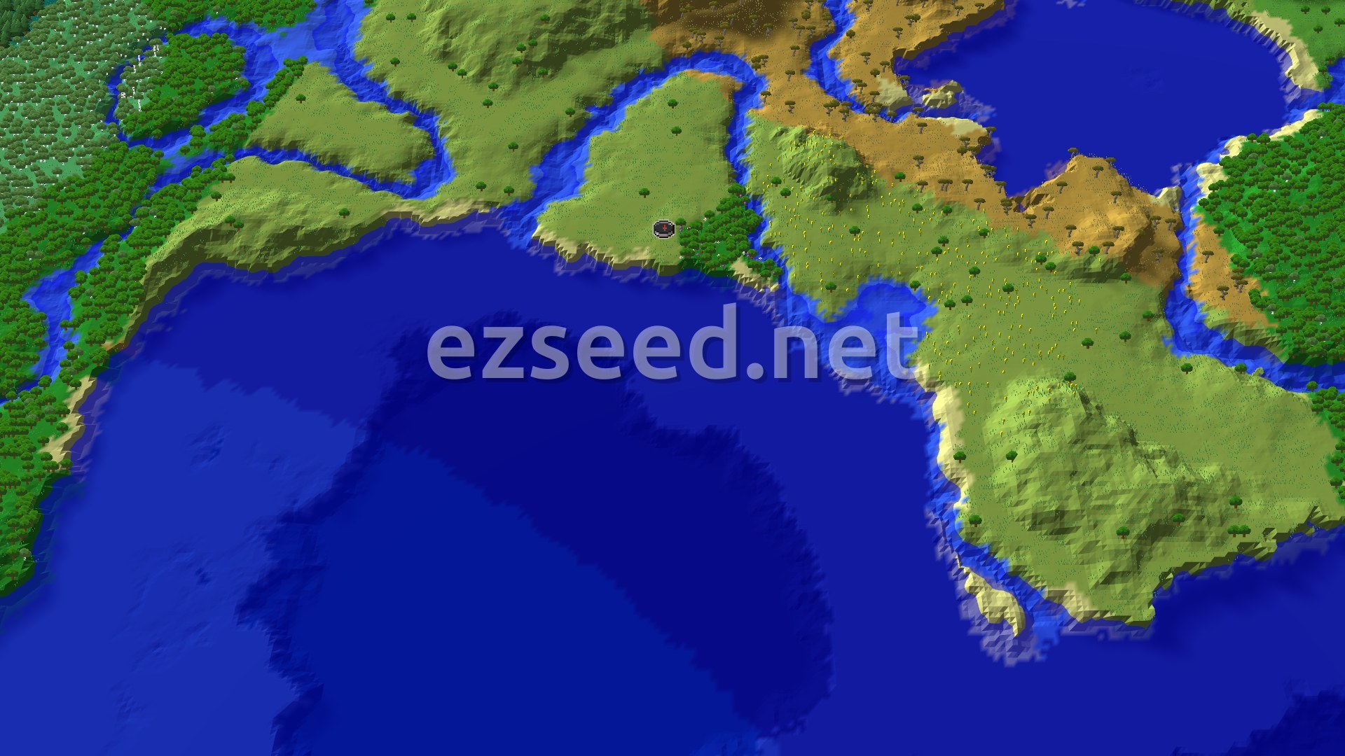 An overhead view of a diverse landscape featuring a large ocean, several rivers, and varied terrain including forests, plains, and some savanna.