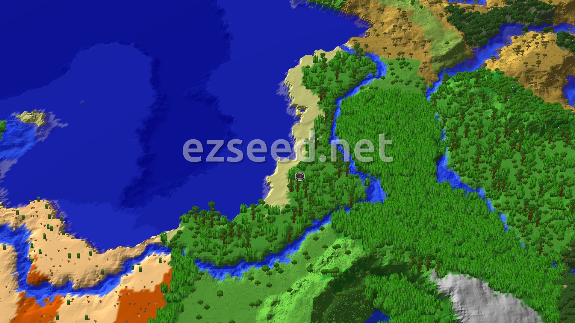 An aerial view of a vibrant green jungle biome meeting a sandy beach and deep blue ocean. A winding river cuts through the jungle, and a small spawn marker is visible near the coast.