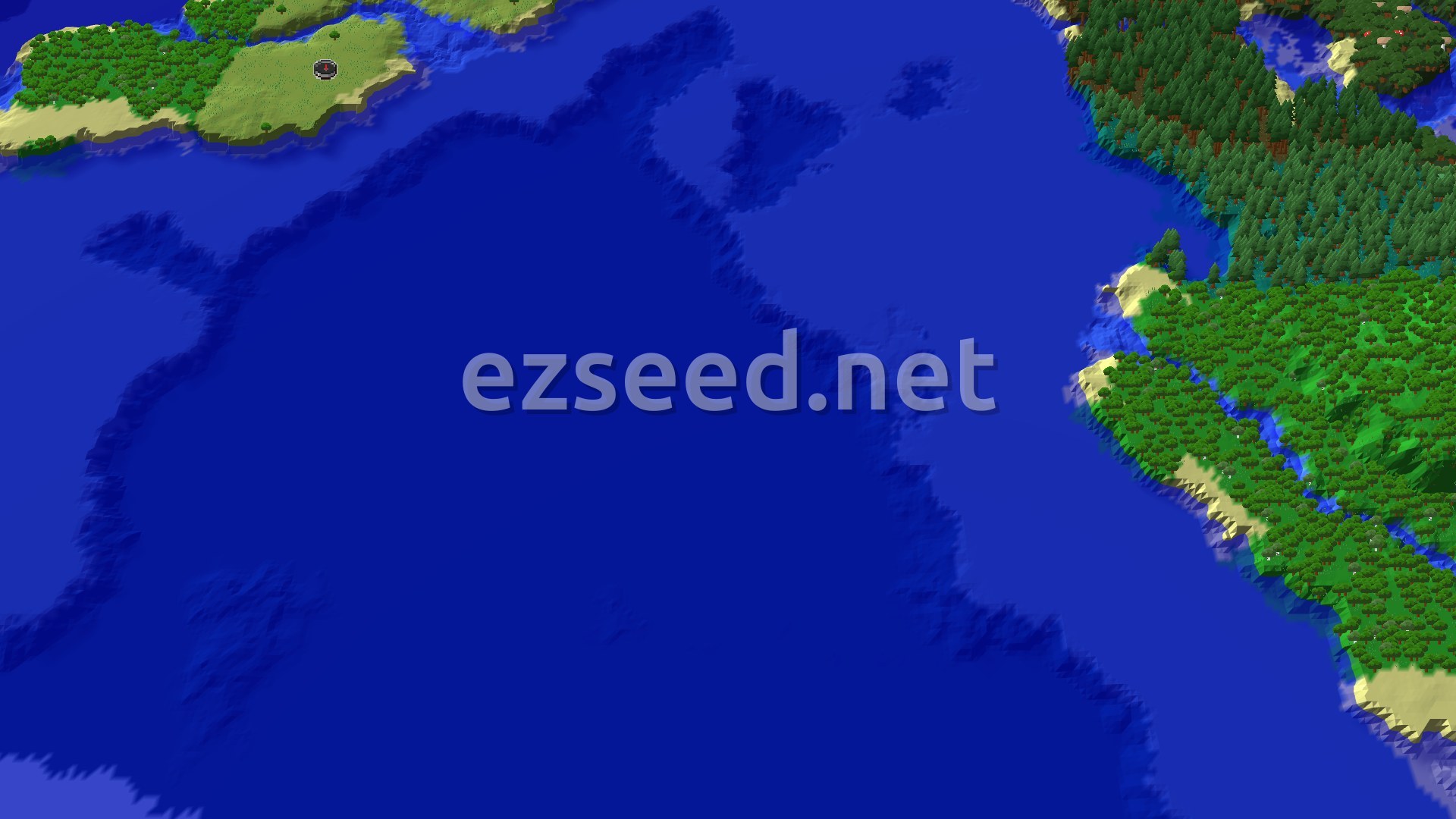 An aerial view of a landmass with forests and plains, bordered by a vast cold ocean, with a small spawn marker.