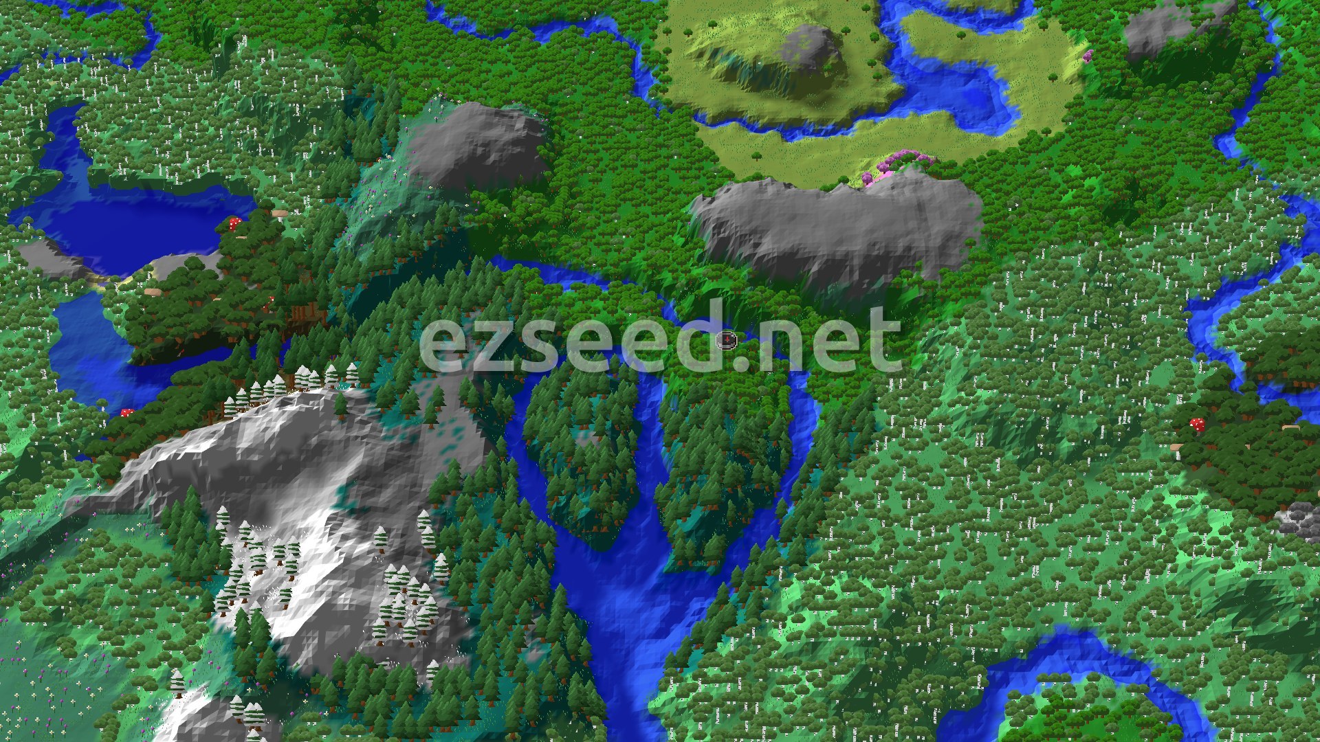 Aerial Minecraft seed map — Forest Spawn with Nearby Village and Lush Caves