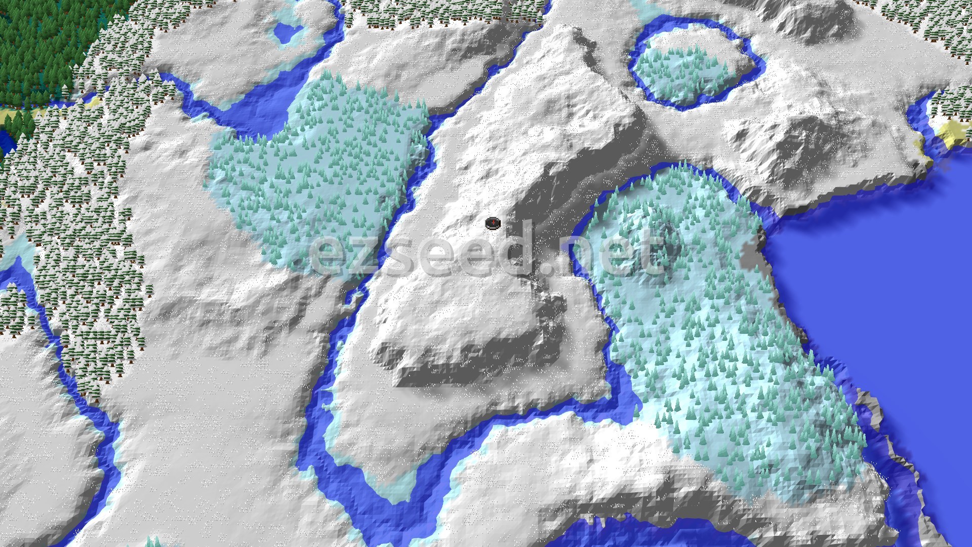 A 3D fly-over of a snowy, mountainous terrain with patches of evergreen forests and winding frozen rivers, with a small spawn marker in the center.