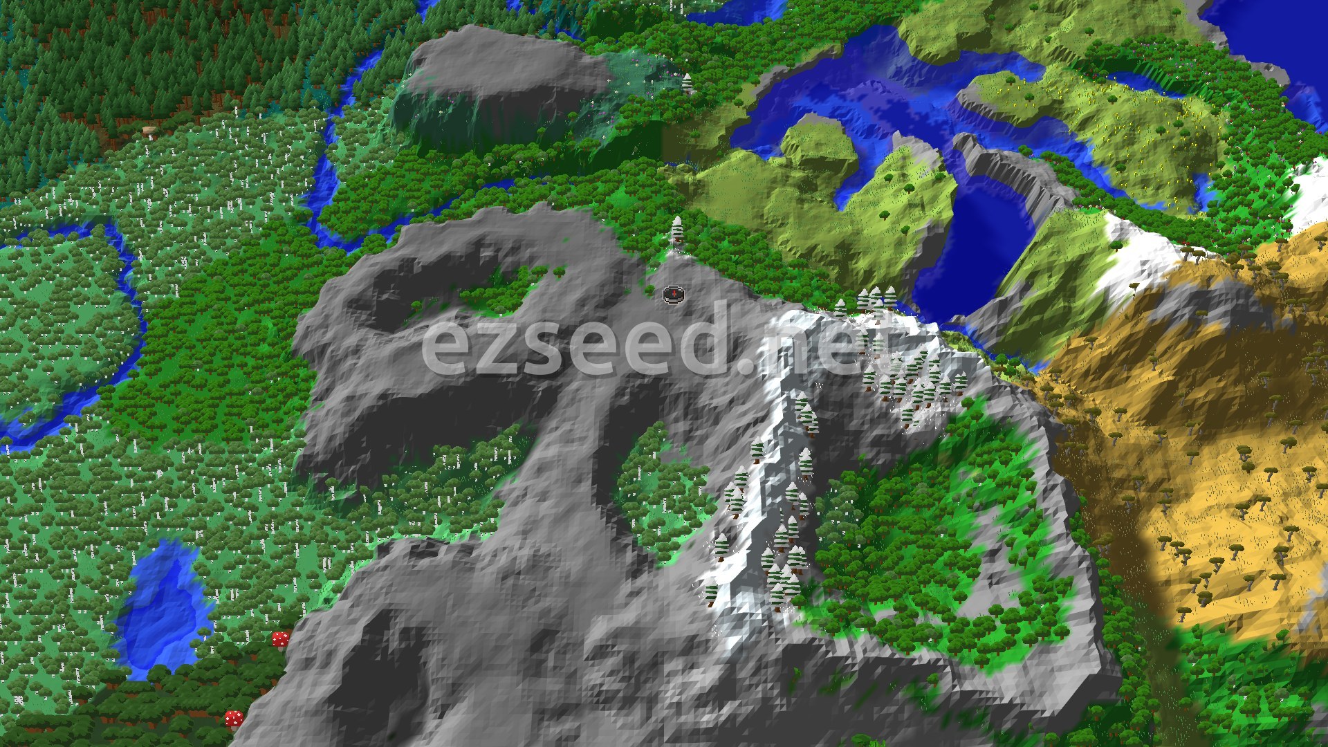 A 3D fly-over of a diverse Minecraft landscape featuring dense forests, a winding river, towering grey and snow-capped mountains, and a distinct savanna biome.