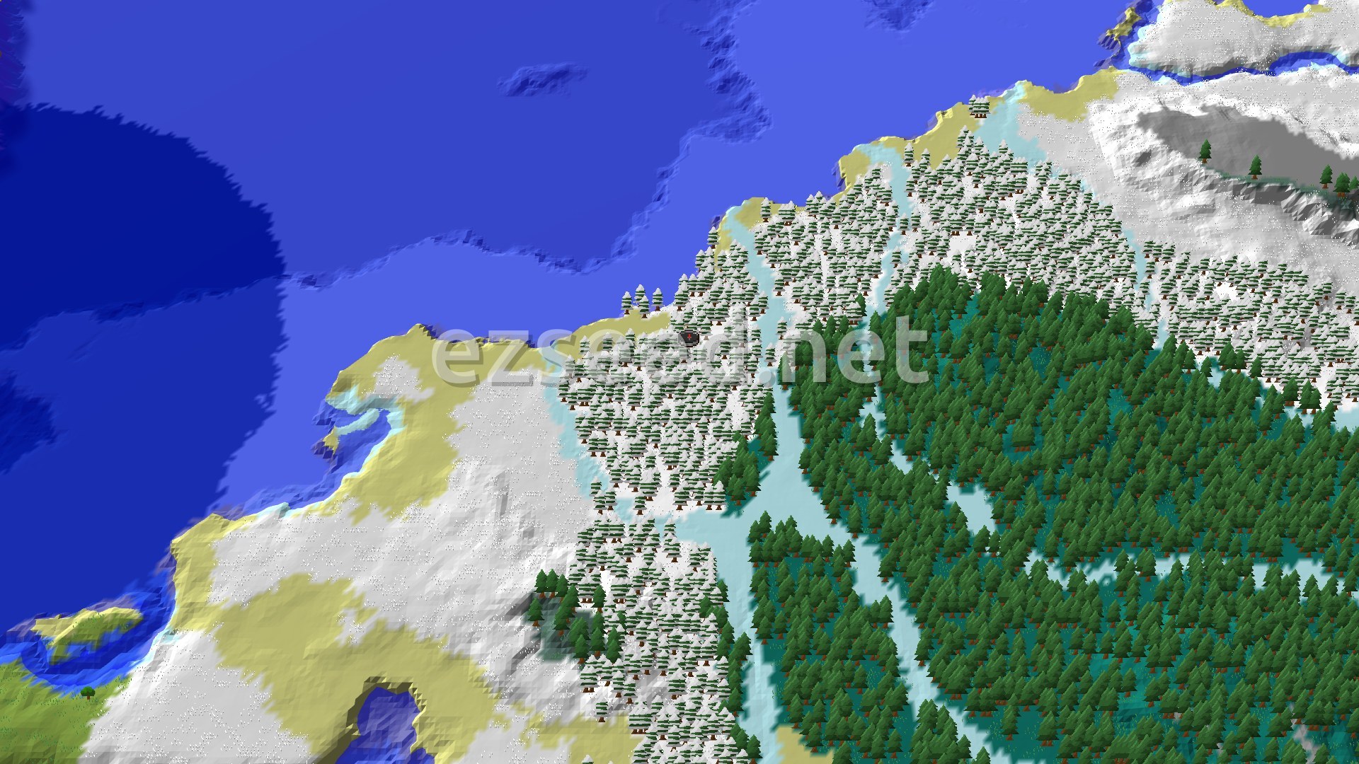 An aerial view of a snowy taiga landscape at spawn, with evergreen trees, snow-covered ground, and a frozen river winding through it, transitioning into a vast frozen ocean.