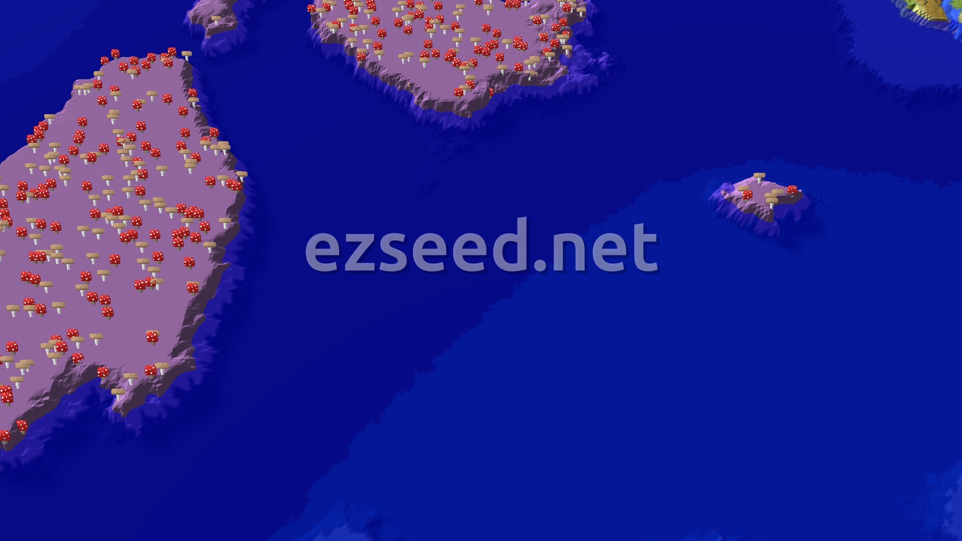 A 3D fly-over of a deep blue ocean with two large mushroom fields islands covered in red and brown mushrooms. A small spawn marker is in the bottom right, suggesting a coastal spawn.