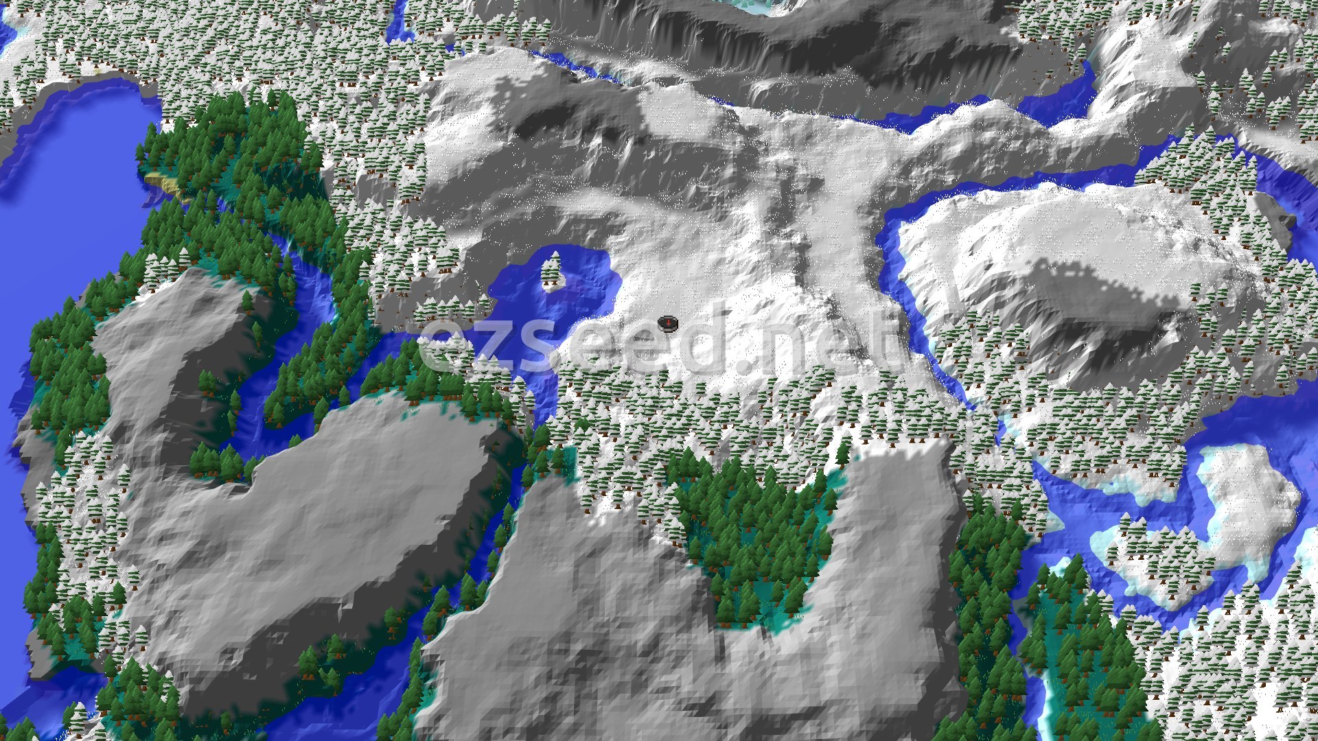 An aerial view of a snowy landscape with a mix of snowy plains, taiga forests, and frozen rivers, with a small spawn marker at the center.