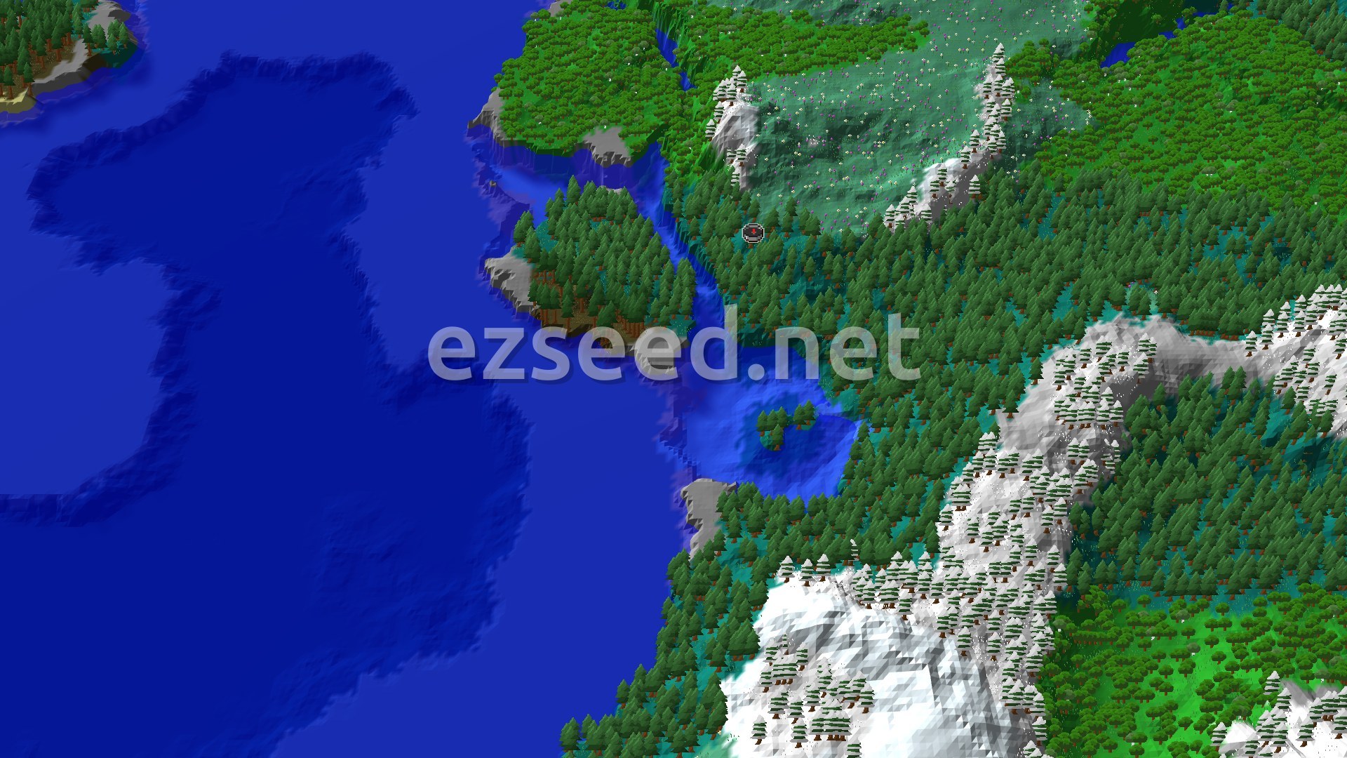 An aerial view of a Minecraft world showing dense green taiga forests, some snowy mountain peaks, and a winding blue river leading into a larger body of water.