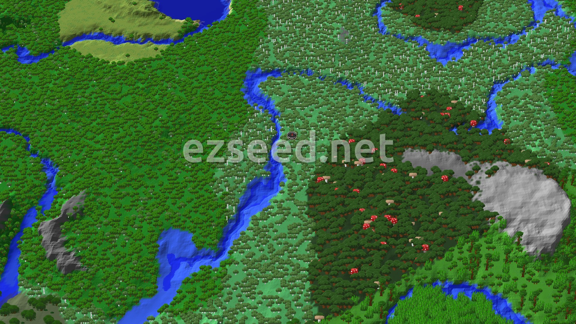 An overhead view of a dense forest landscape, with a winding river and patches of mushroom-capped trees, surrounding the spawn point.