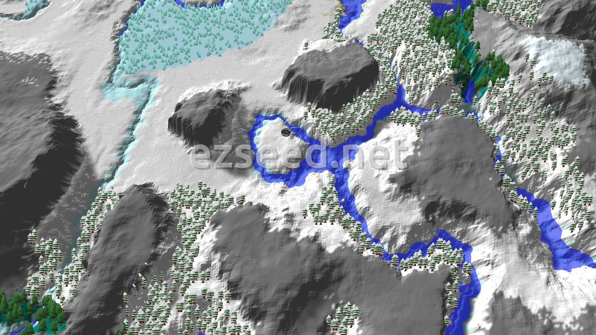An aerial view of a snowy landscape with a prominent river system, surrounded by snow-covered trees and a few grey mountains. A small spawn marker is visible at the center.