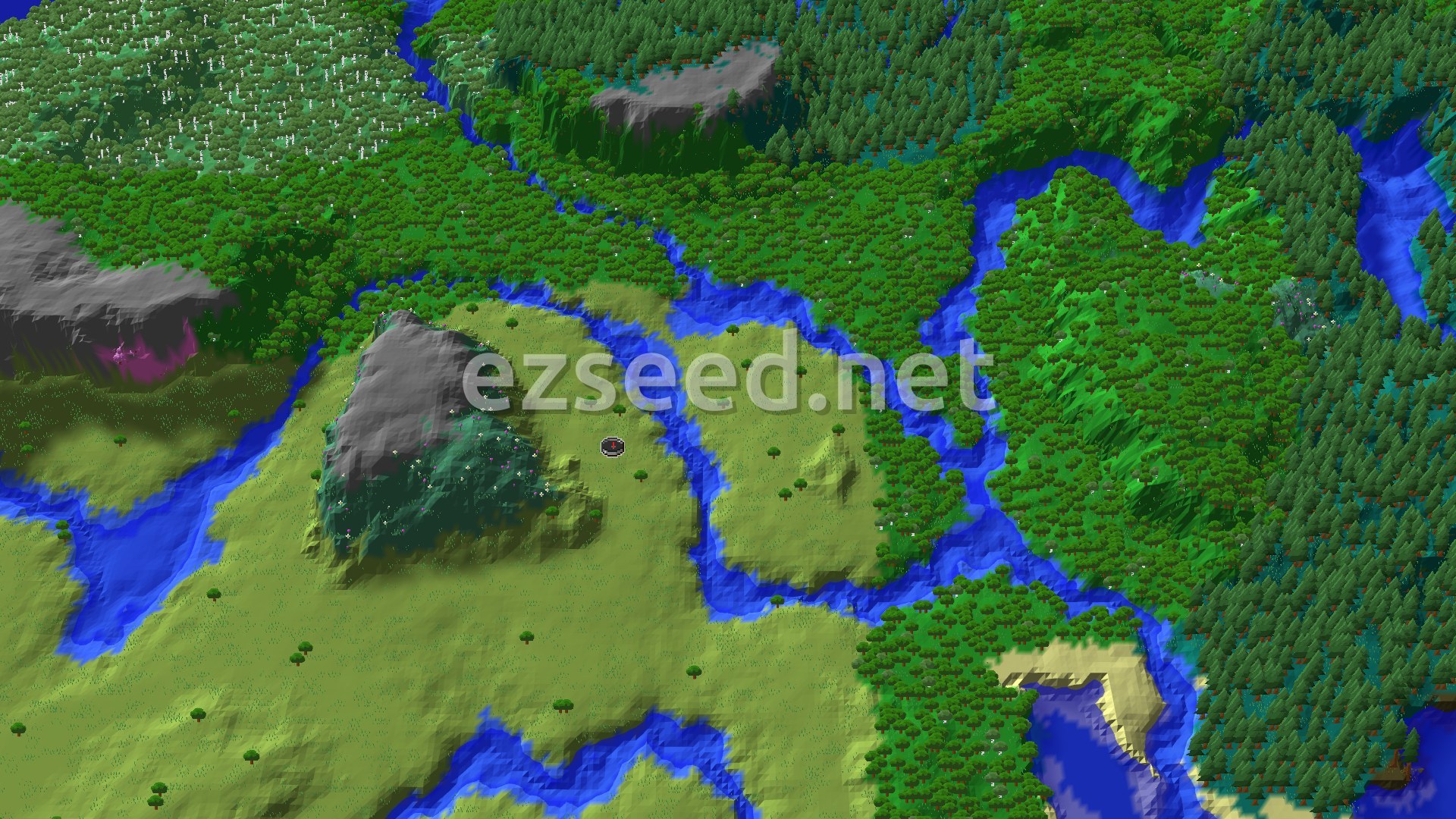 A bird's-eye view of a varied landscape, featuring a large plains area crisscrossed by rivers, bordered by dense forests and a small beach. Gentle hills rise in the distance.