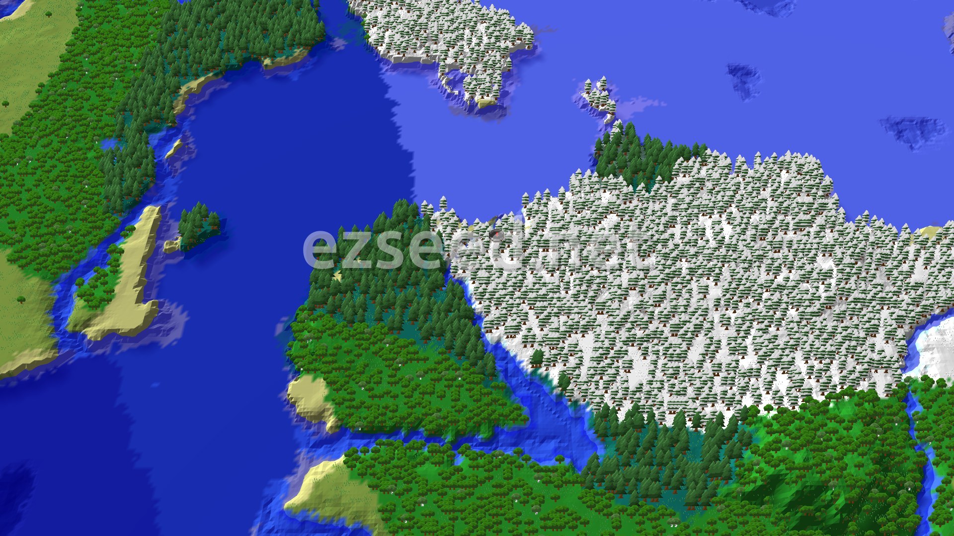 A 3D fly-over rendering of a snowy taiga biome around spawn, featuring a mix of snow-covered trees, some clearings, and a nearby frozen ocean.