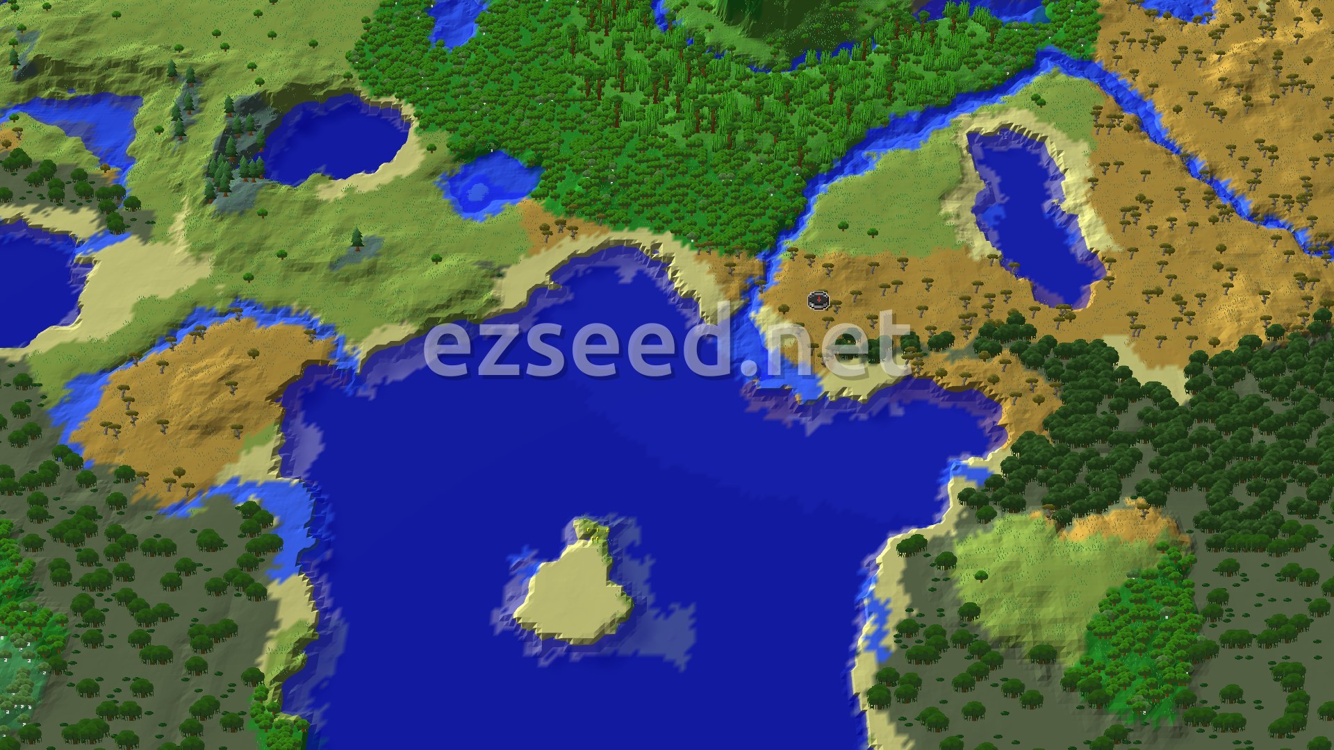 An aerial view of varied terrain, showing a large blue ocean with a small island, surrounded by green forests, yellow savannas with scattered trees, and lighter green plains, with a river winding through.