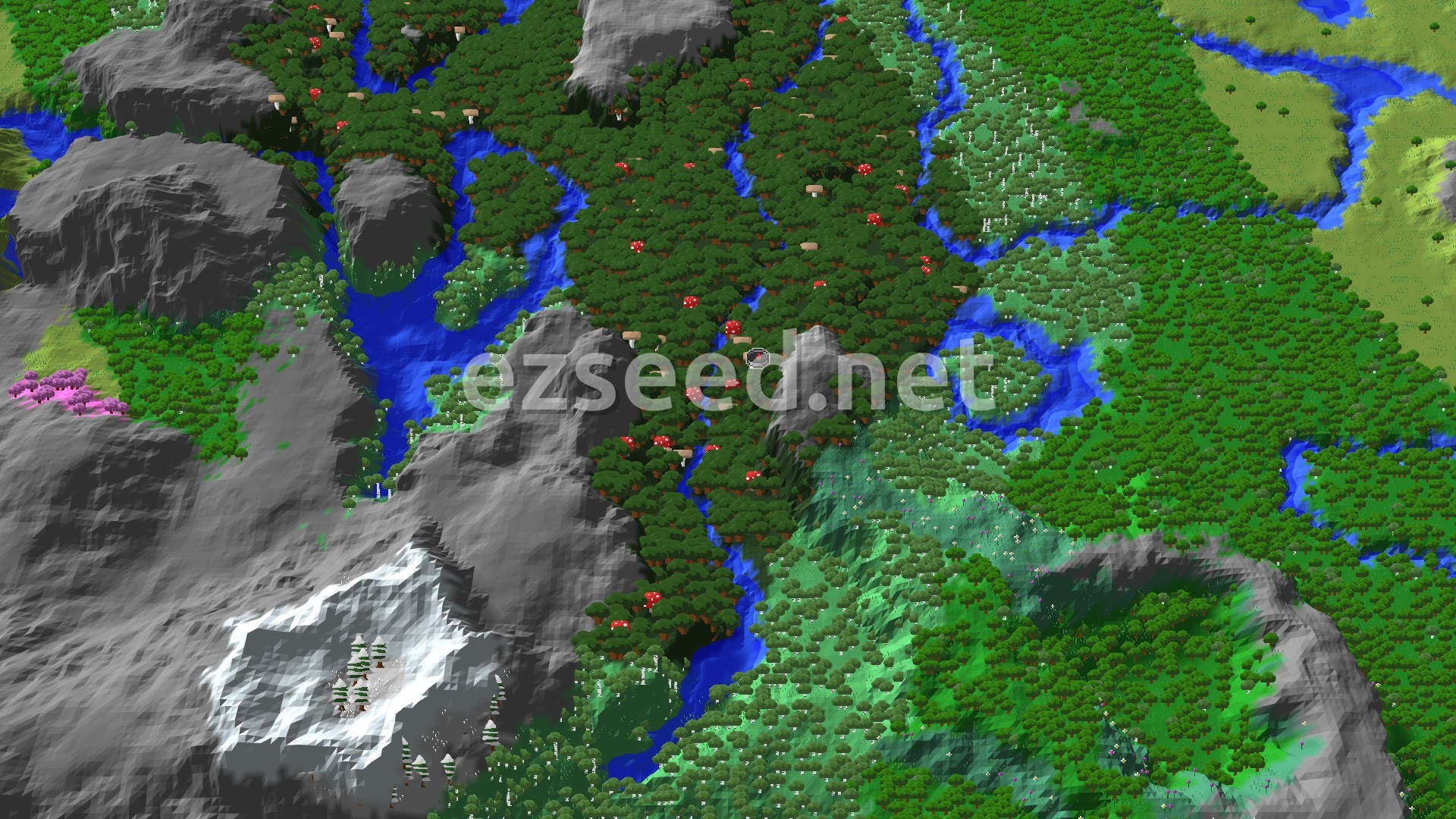 A 3D fly-over of a dense Dark Forest biome with tall dark oak trees, many mushrooms, and a winding river, bordered by steep grey mountains, with a snowy peak to the south.