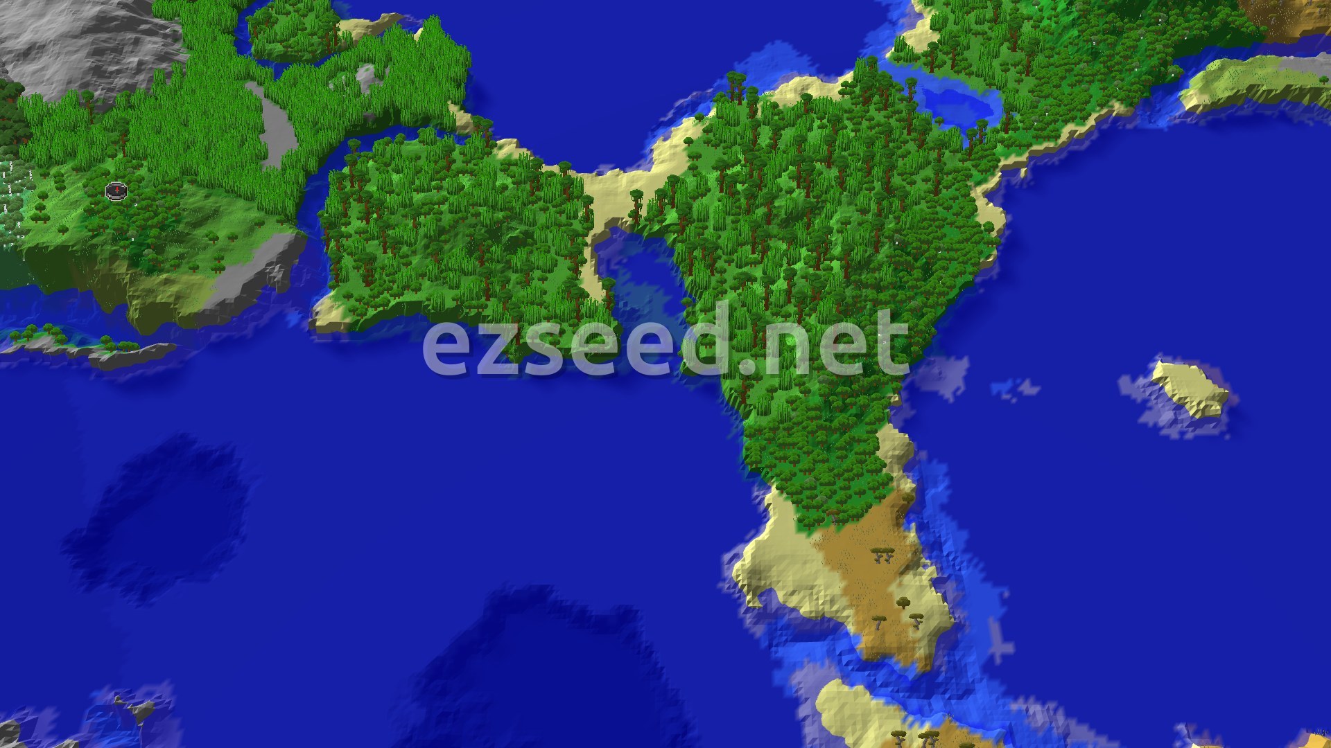 A bird's-eye view of a lush green landscape dominated by forests and jungles, with a river winding through and ocean visible, and a small spawn marker.
