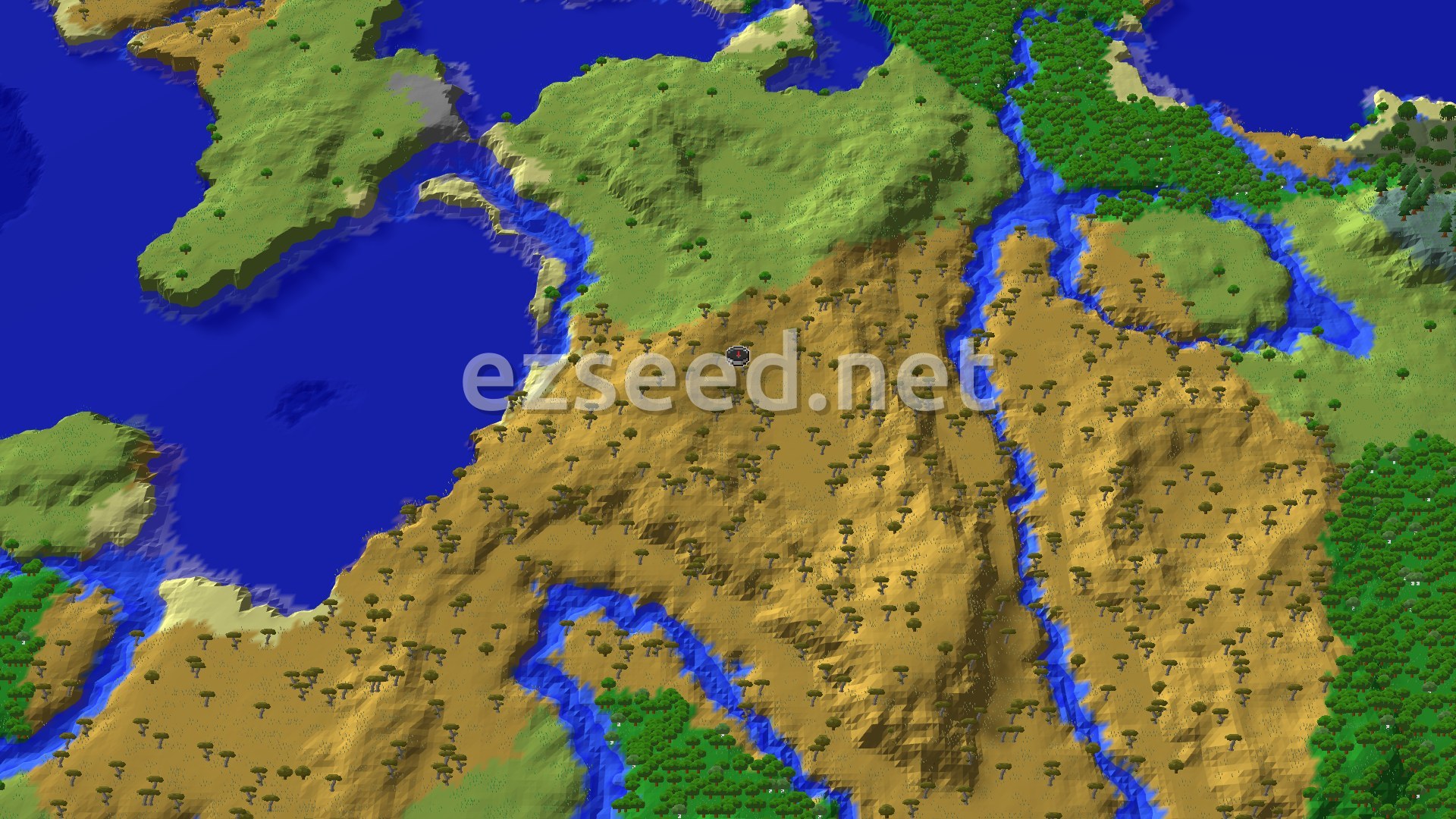 A sweeping view of rolling savanna hills dotted with acacia trees, with a small marker indicating the spawn point.