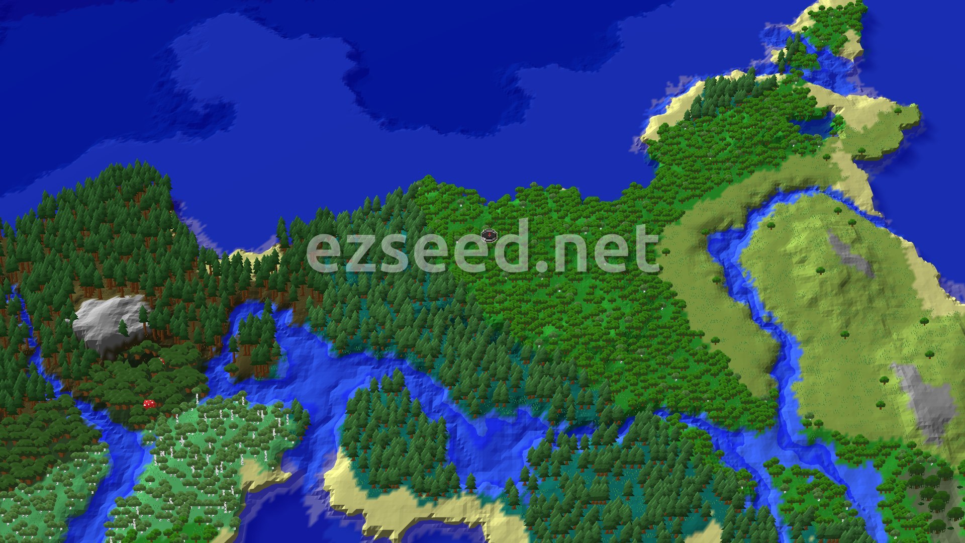 An aerial view of a forested landmass surrounded by ocean, with a river winding through it and a small spawn marker in the central forest.