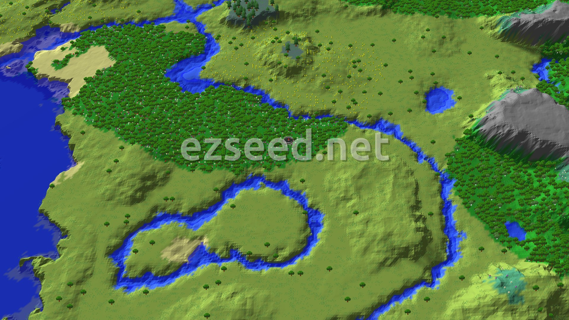 An aerial 3D view of a Minecraft world showing a spawn marker in a flower forest, surrounded by rivers, plains, and some hills, with an ocean to the west and gray mountains in the distance.