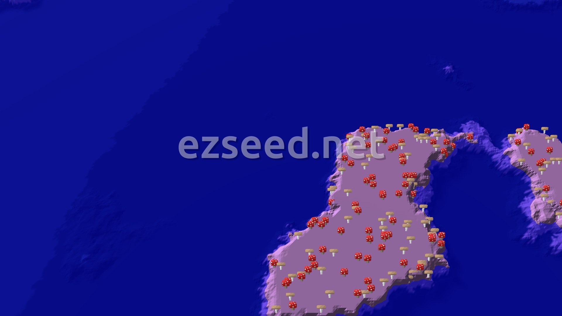 An overhead 3D render of a Minecraft world, showing a diverse landscape with plains, oceans, and scattered trees, with a small marker at the center indicating the spawn point.
