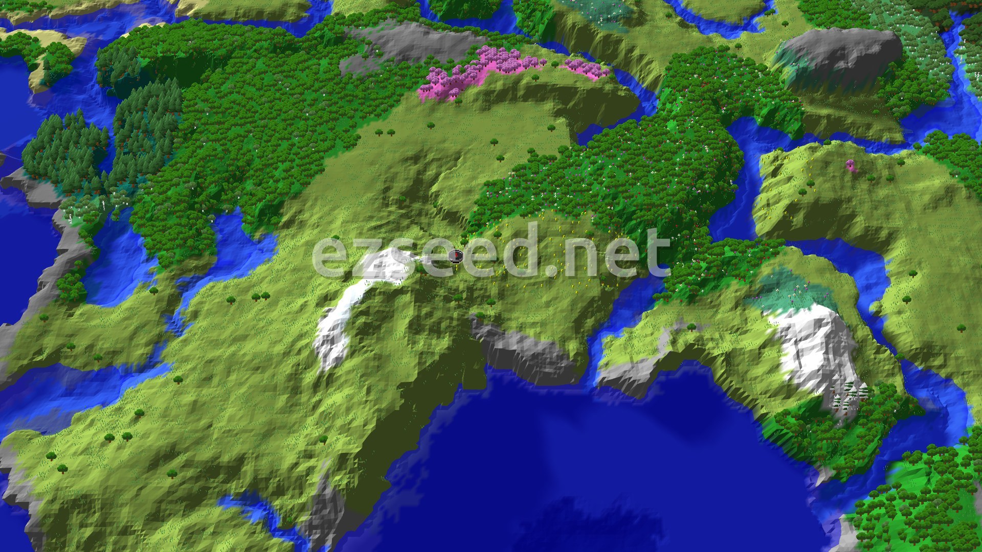 An aerial view of varied terrain featuring large expanses of green plains, dense forests, winding rivers, and snow-capped peaks in the distance, with a small spawn marker in the center.
