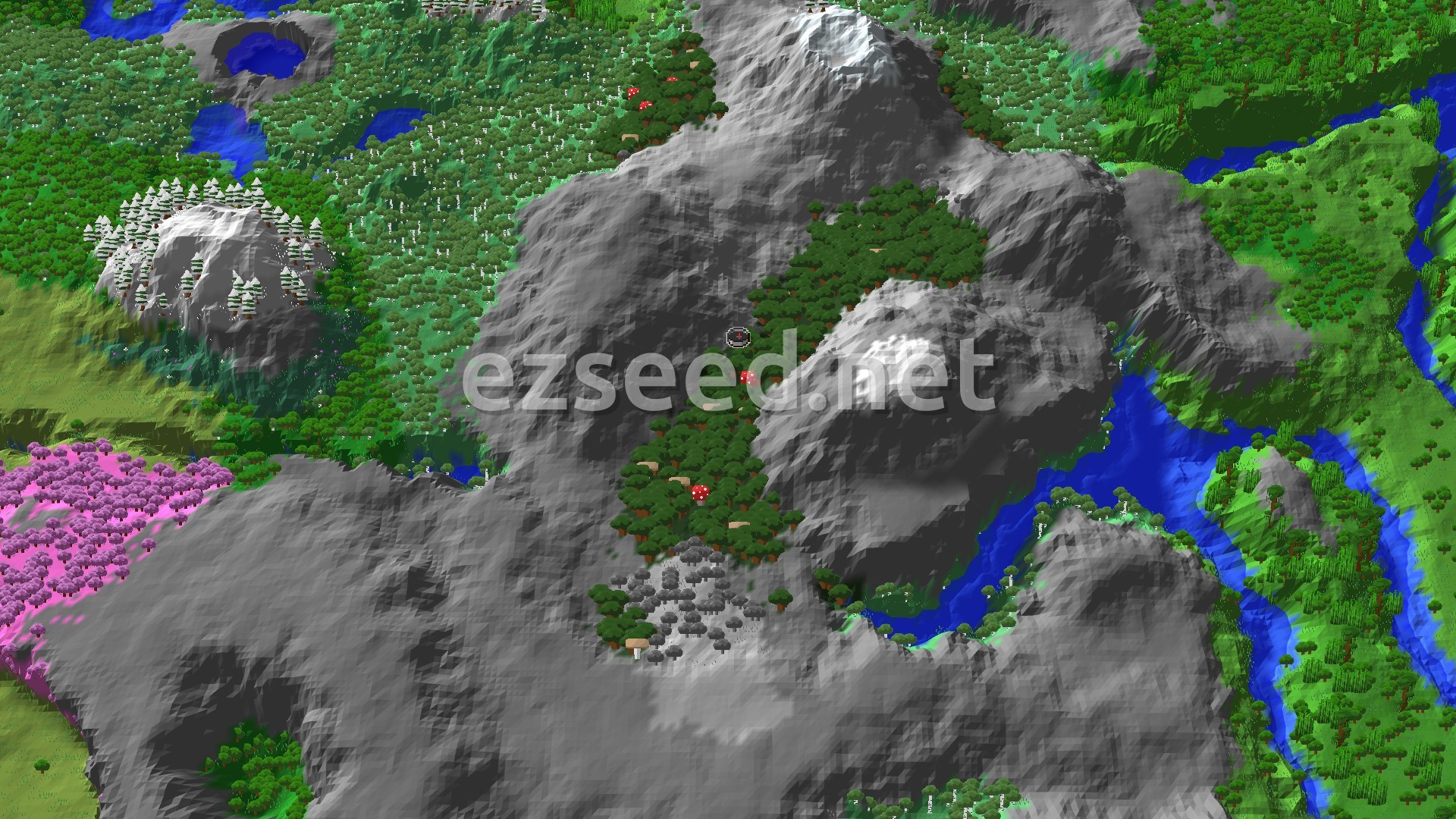 A 3D fly-over of a mountainous landscape with a dark forest at the center, surrounded by grey peaks and some green valleys with rivers. A small spawn marker is visible in the dark forest.