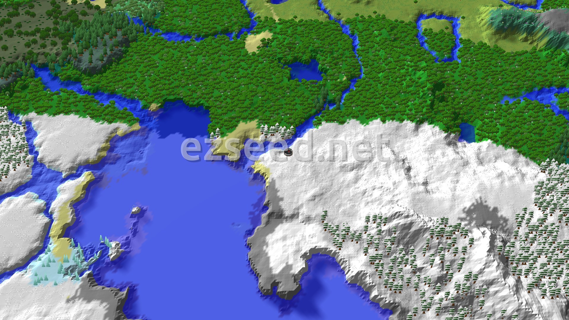 An aerial view shows snowy mountains meeting a large frozen ocean, with forests and rivers further inland. A small spawn marker sits on the edge of the snow.