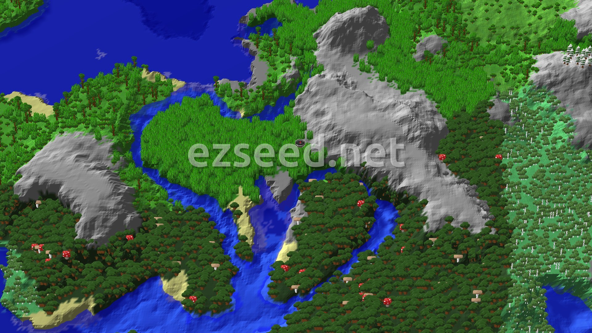 An aerial view of a varied landscape, showing a lush green bamboo jungle, dark forests with red and brown mushrooms, a winding blue river, sandy beaches, and imposing gray mountains, with a small spawn marker in the center.