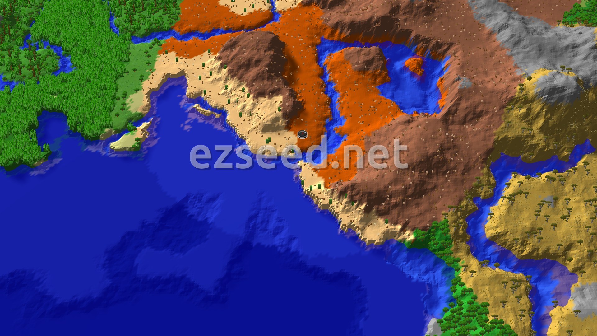 Aerial Minecraft seed map — Badlands Spawn With Nearby Ancient City and Village