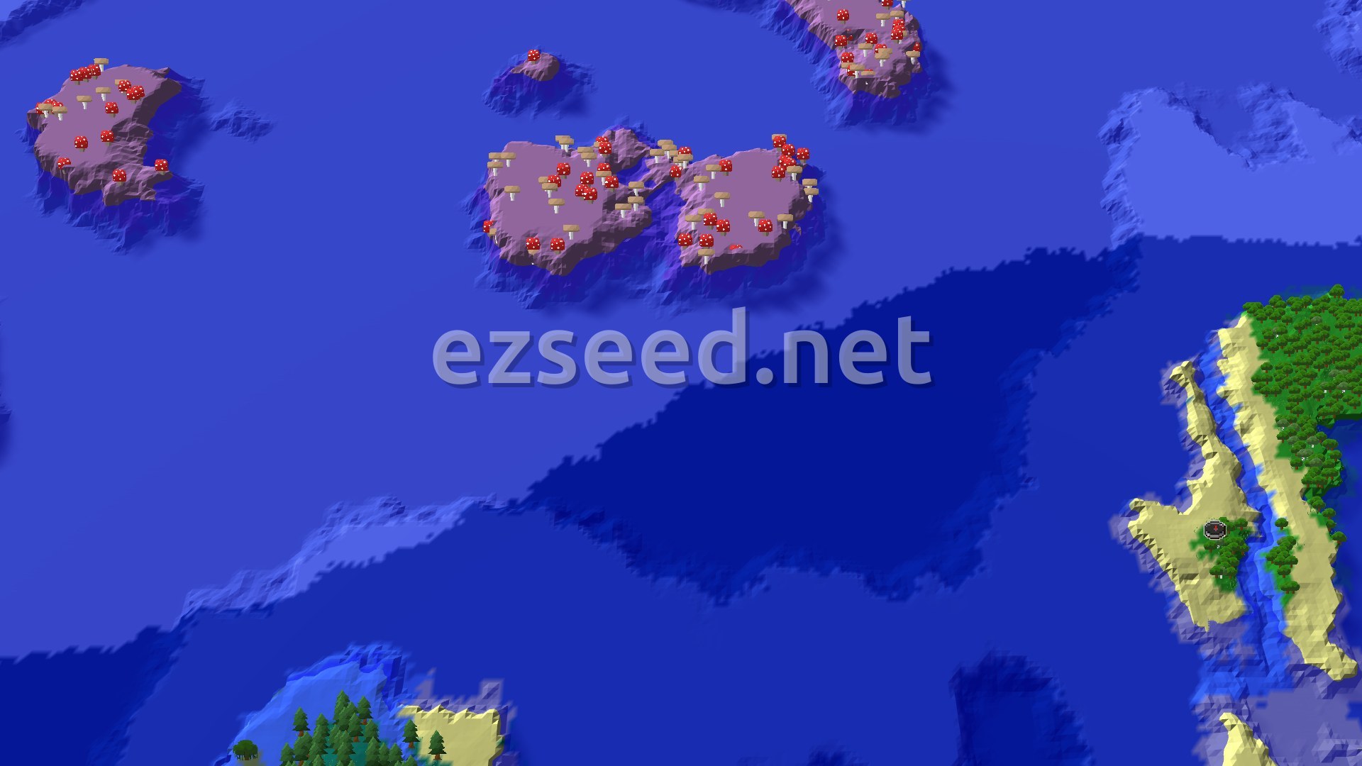Aerial Minecraft seed map — Mushroom Fields and Ocean Monument Near Spawn