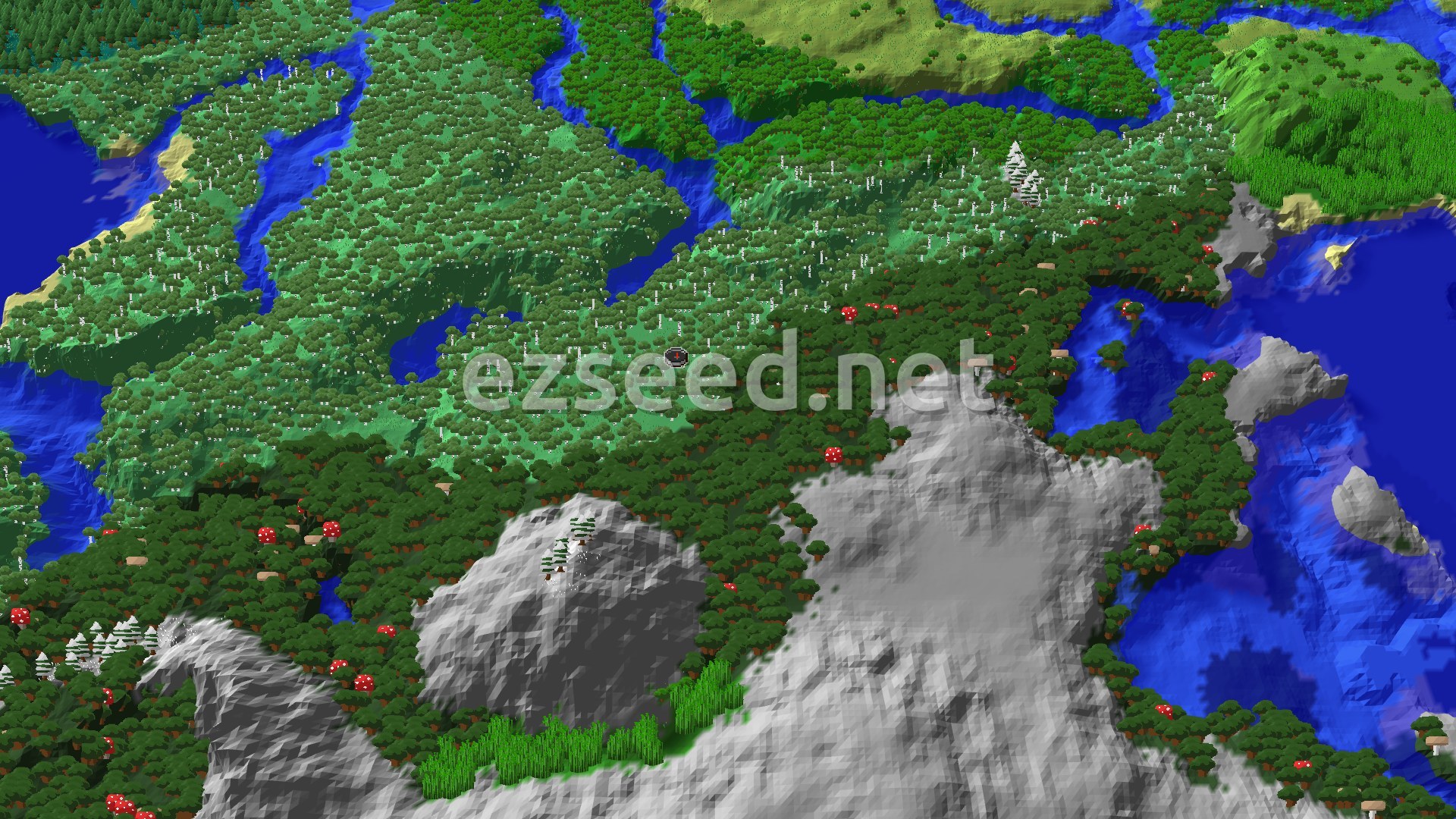 A 3D render of a Minecraft world shows a dense Birch Forest and other green biomes, with rivers winding through, and mountains rising to the south.