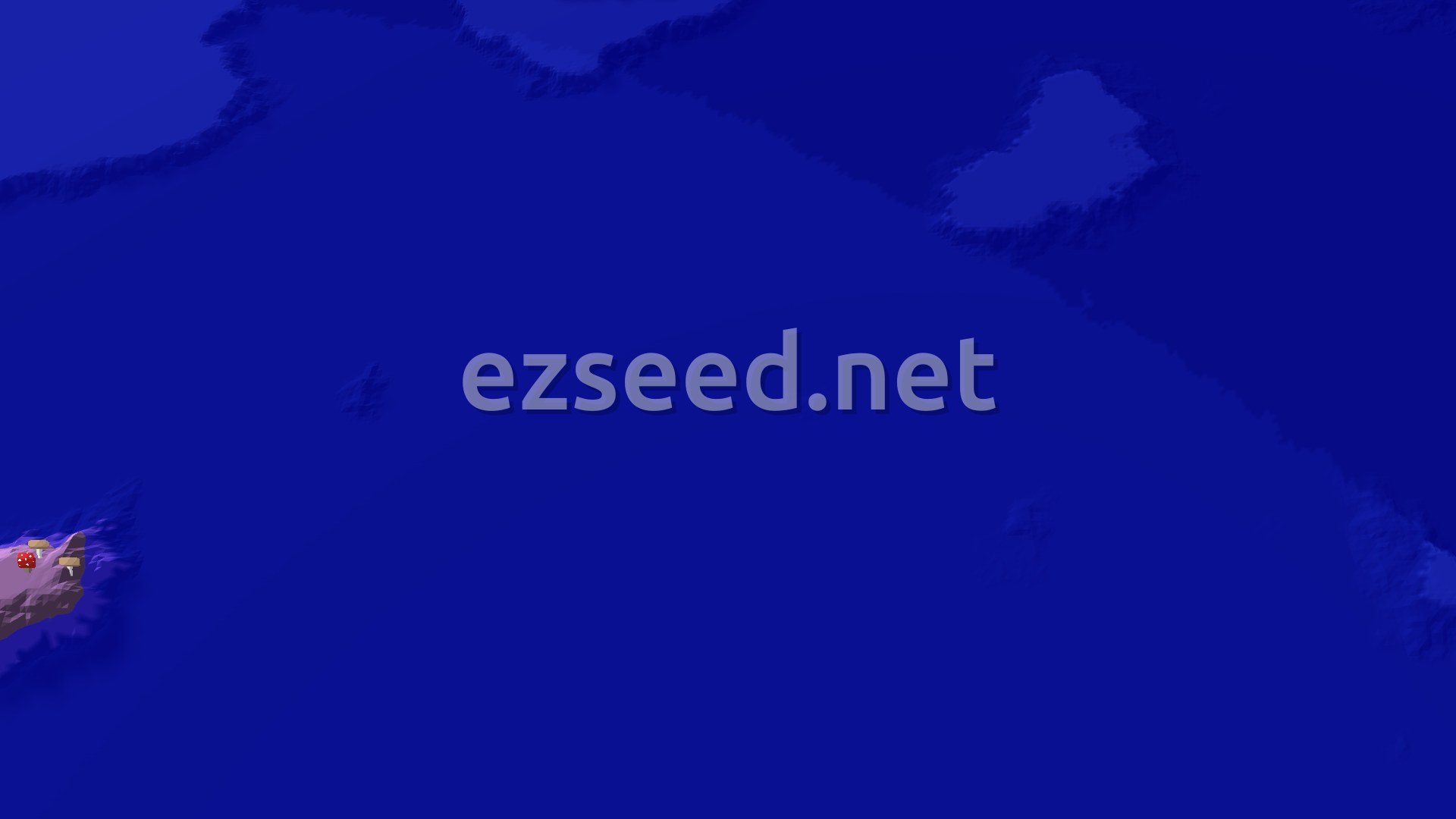 A 3D fly-over of a small island with a spawn marker on a beach, surrounded by vast ocean and distant landmasses.