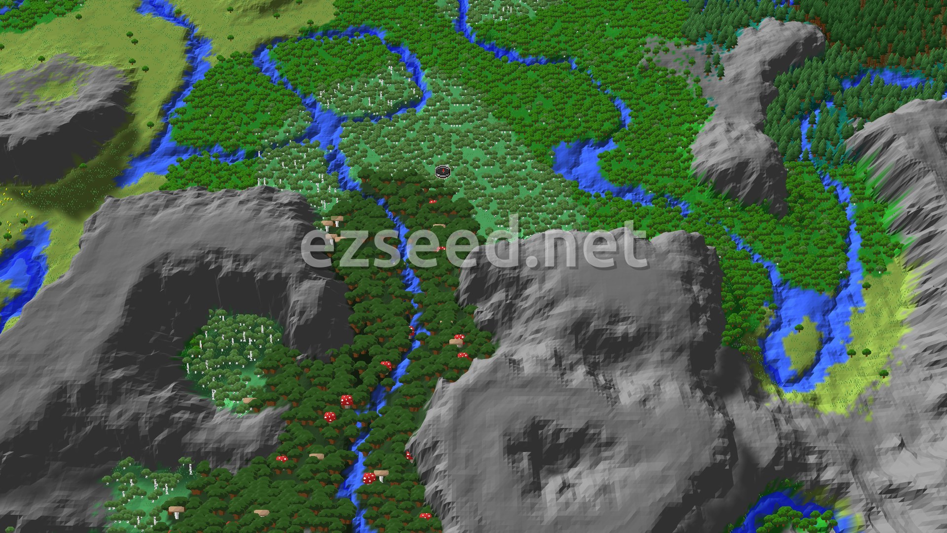 Aerial Minecraft seed map — Birch Forest Spawn with Nearby Ancient City
