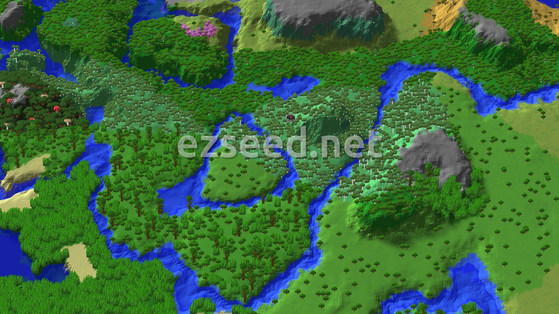 Aerial Minecraft seed map — Jungle and Savanna Near Birch Forest Spawn