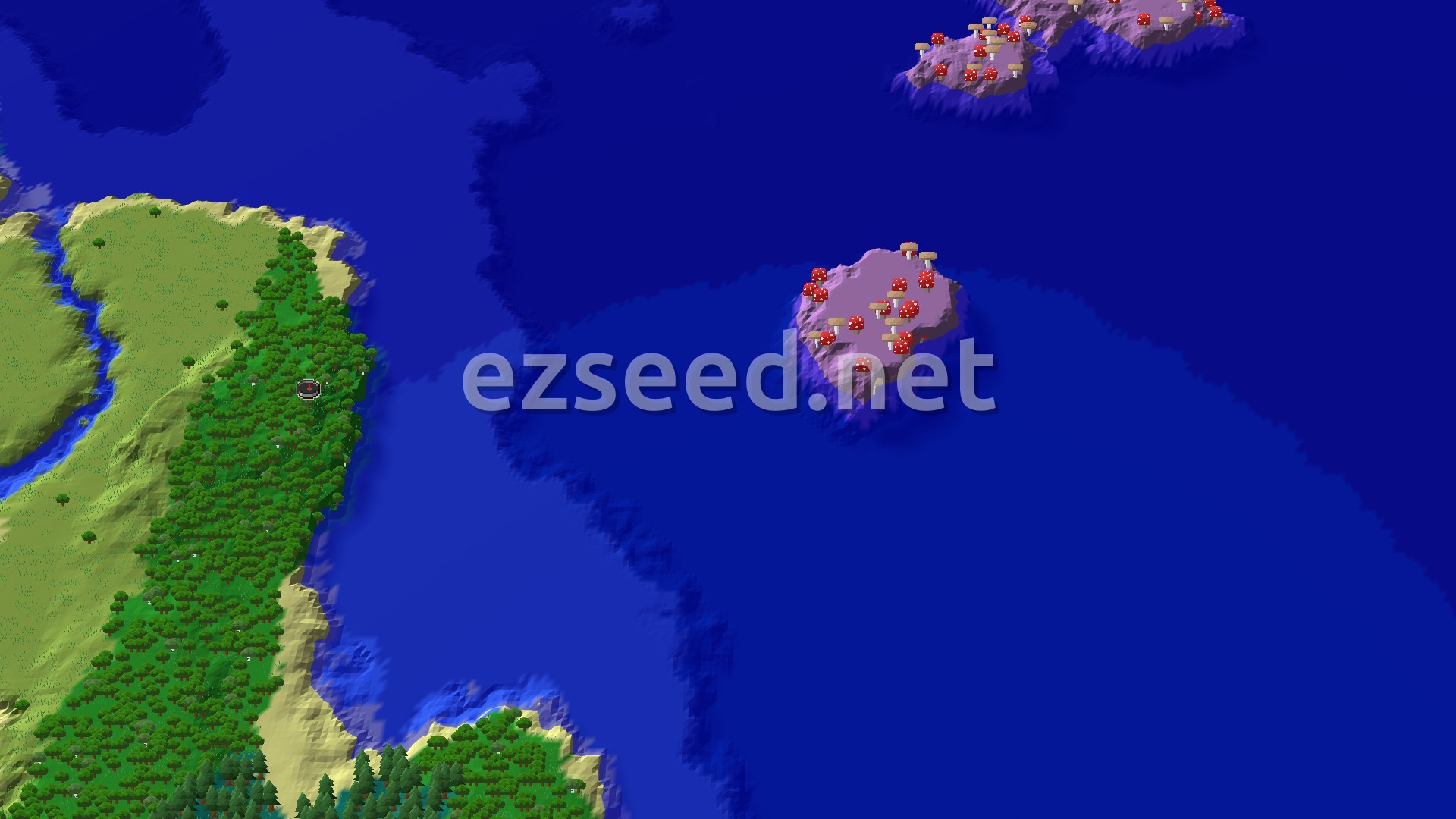 A 3D fly-over of a dense forest with a small body of water, showing gentle hills and a flat spawn marker.
