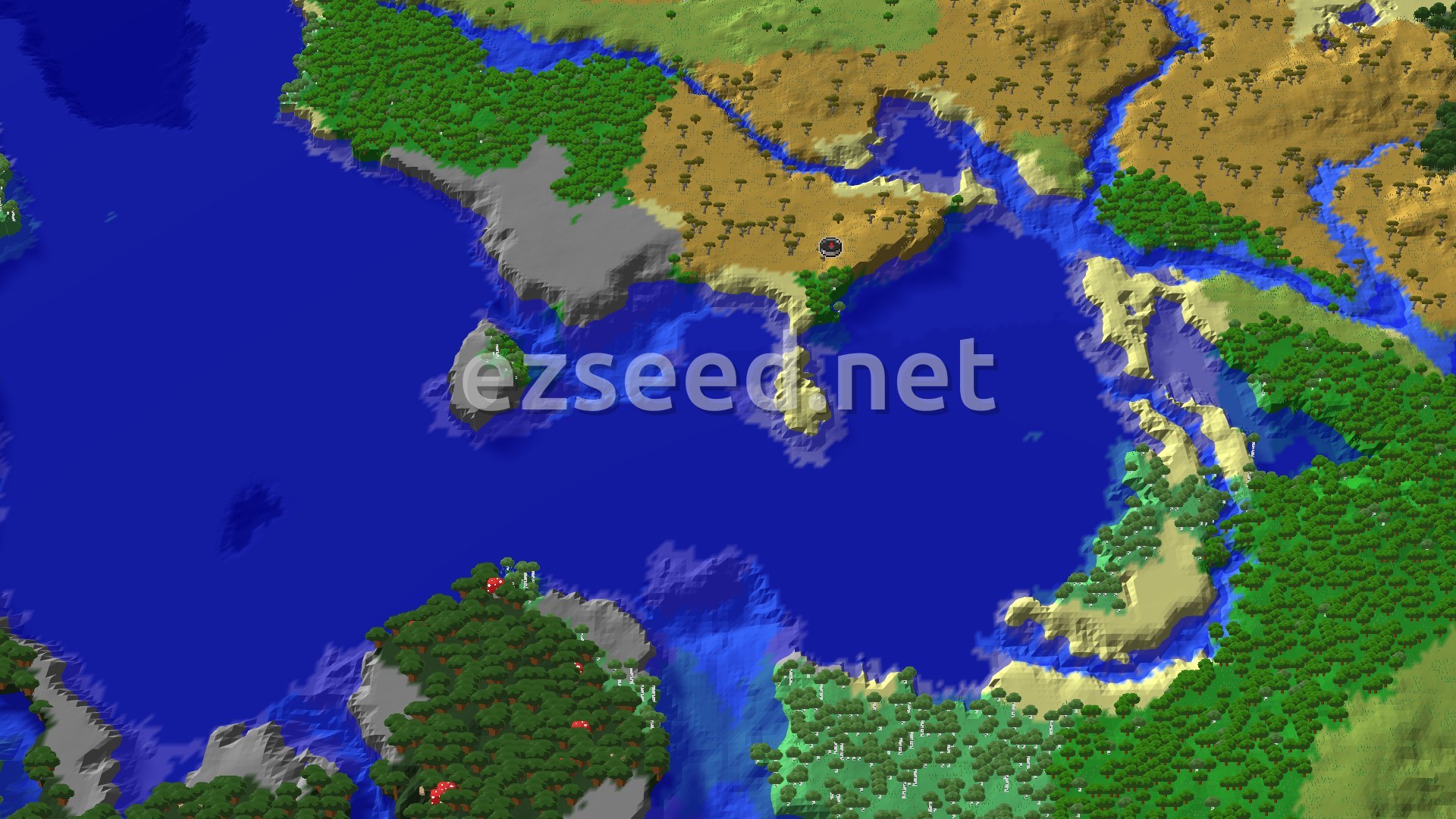 A 3D fly-over rendering shows a varied landscape with a savanna biome at the center, surrounded by forests, oceans, and rivers, with some hilly terrain and scattered trees. A small spawn marker is visible near the coast.