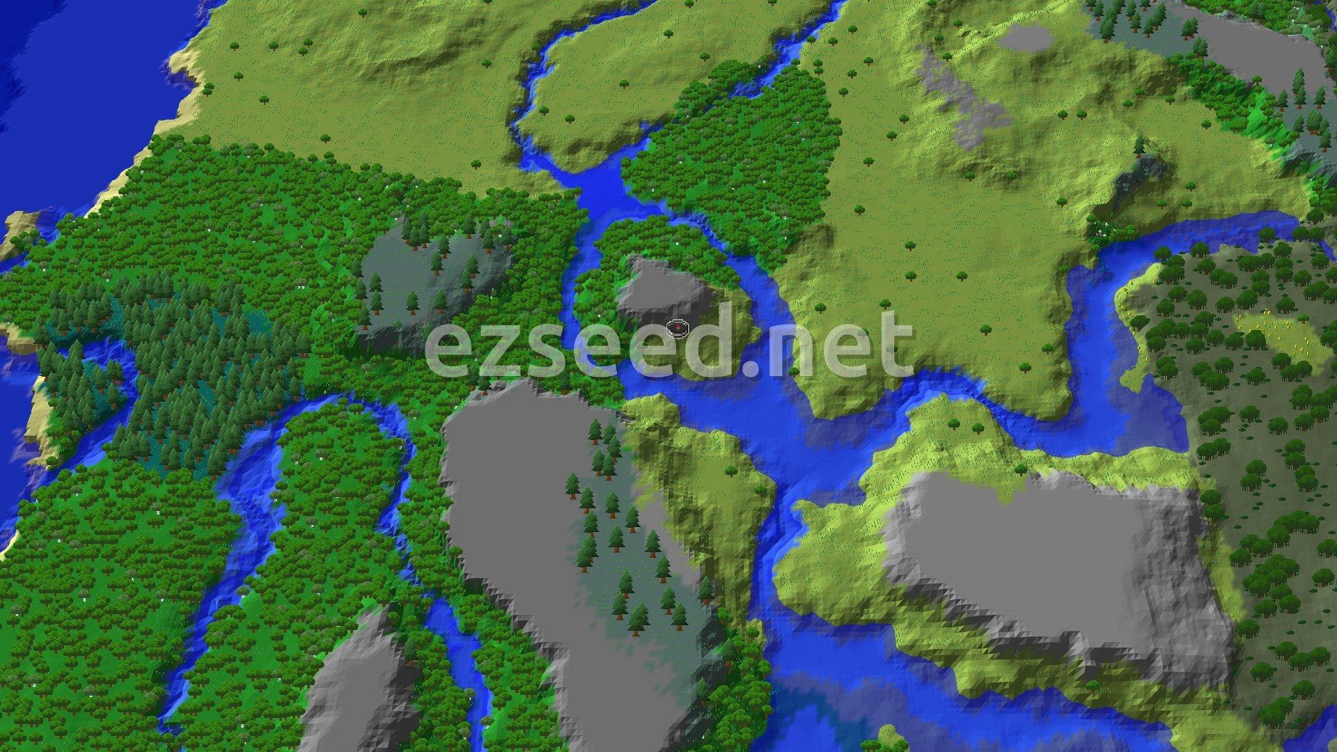An aerial view of a Minecraft world, showing a mix of green plains and forests, winding blue rivers, and some grey hills.