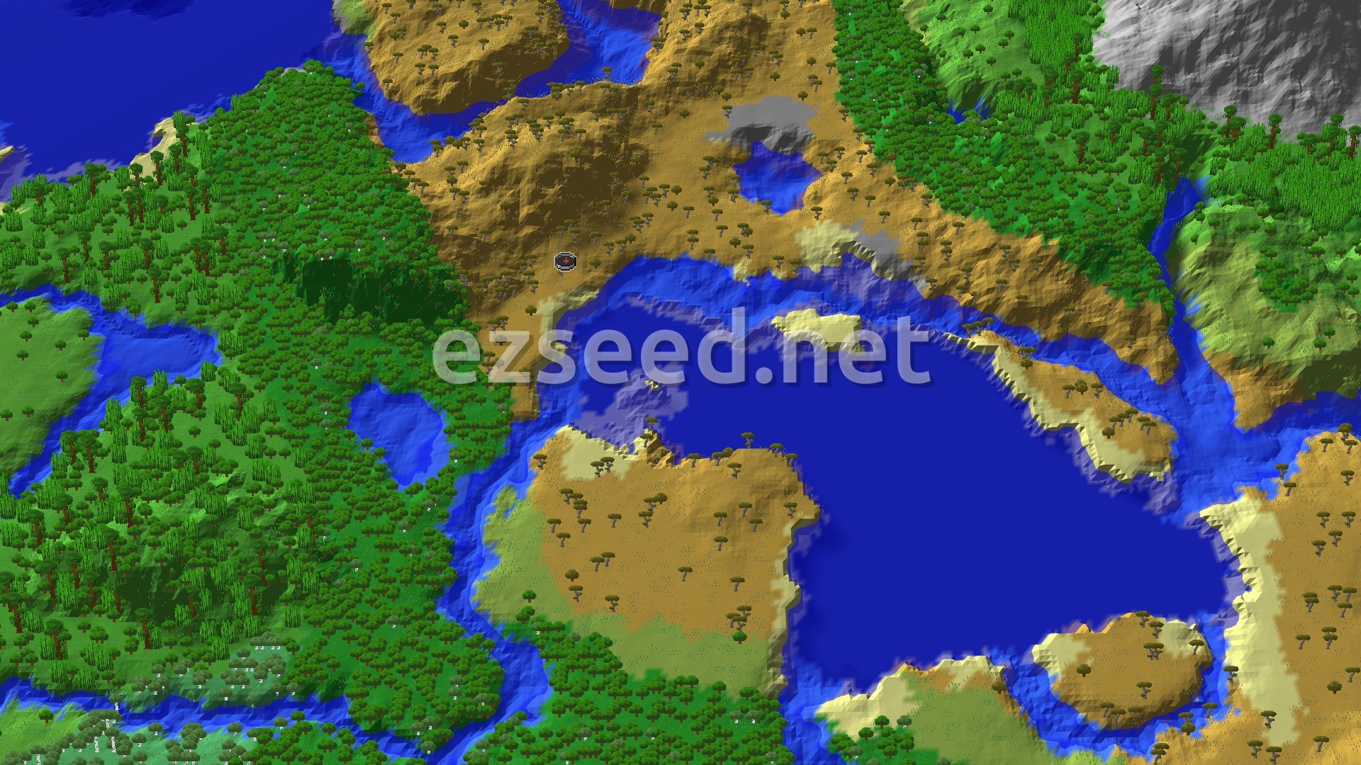 Aerial Minecraft seed map — Savanna Spawn with a Close Ancient City
