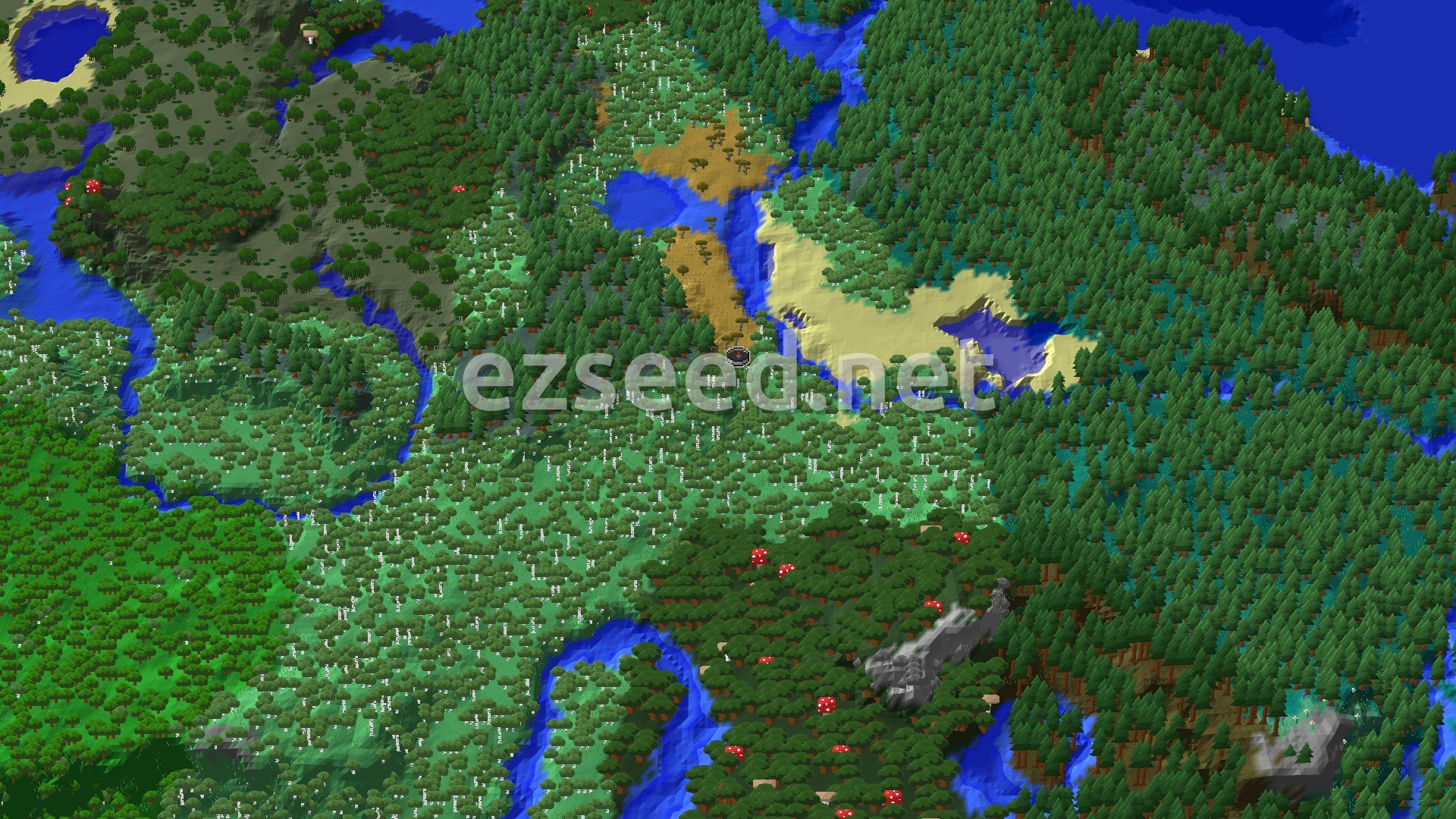 A dense Old Growth Birch Forest at spawn, surrounded by other dark and light green forests and a distant river.