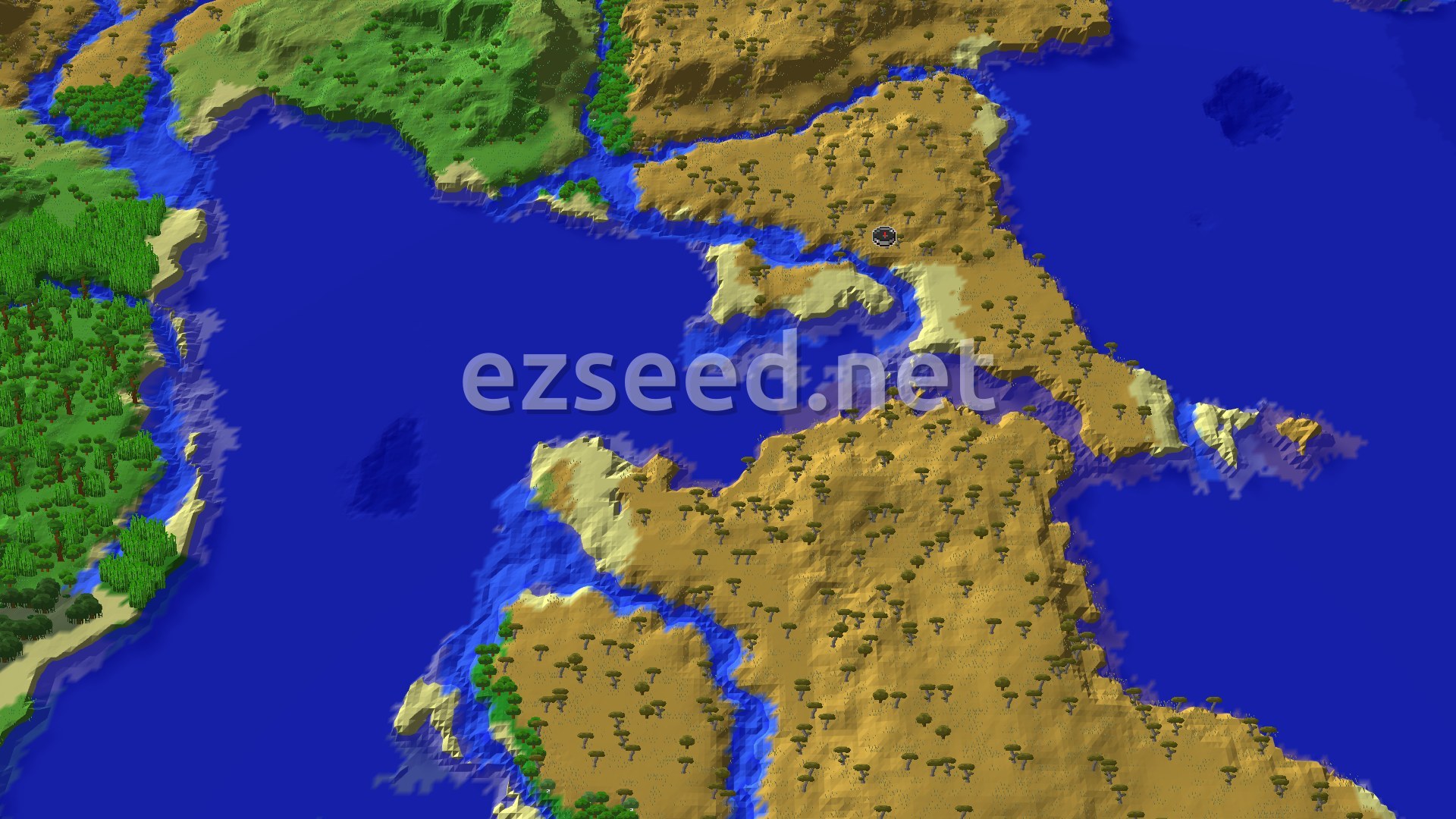 An aerial view of a mostly savanna landscape with scattered trees, bordered by a large blue ocean and a winding river.